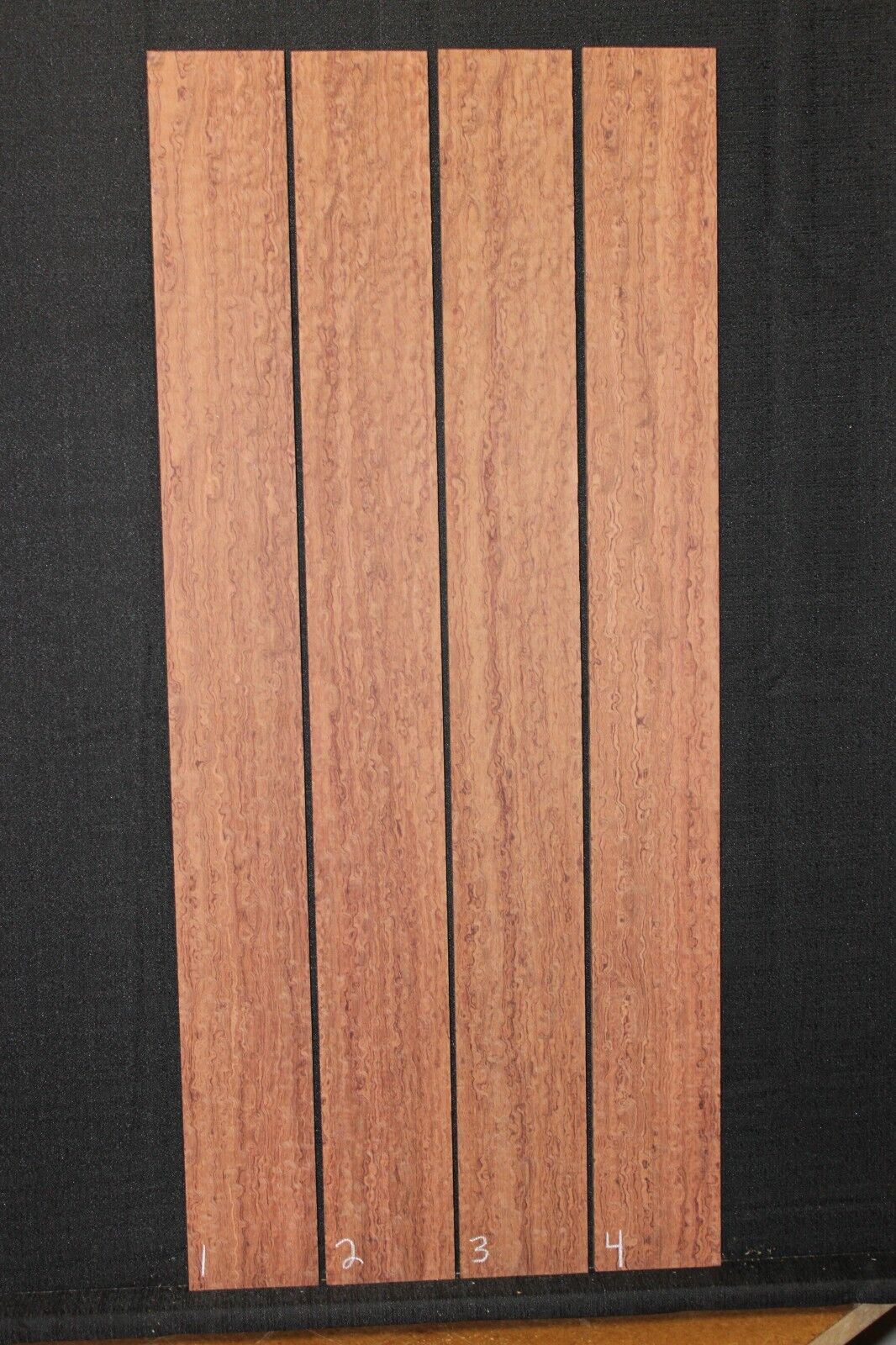 Pomelle figured bubinga bass guitar fingerboard blanks, sold individually.