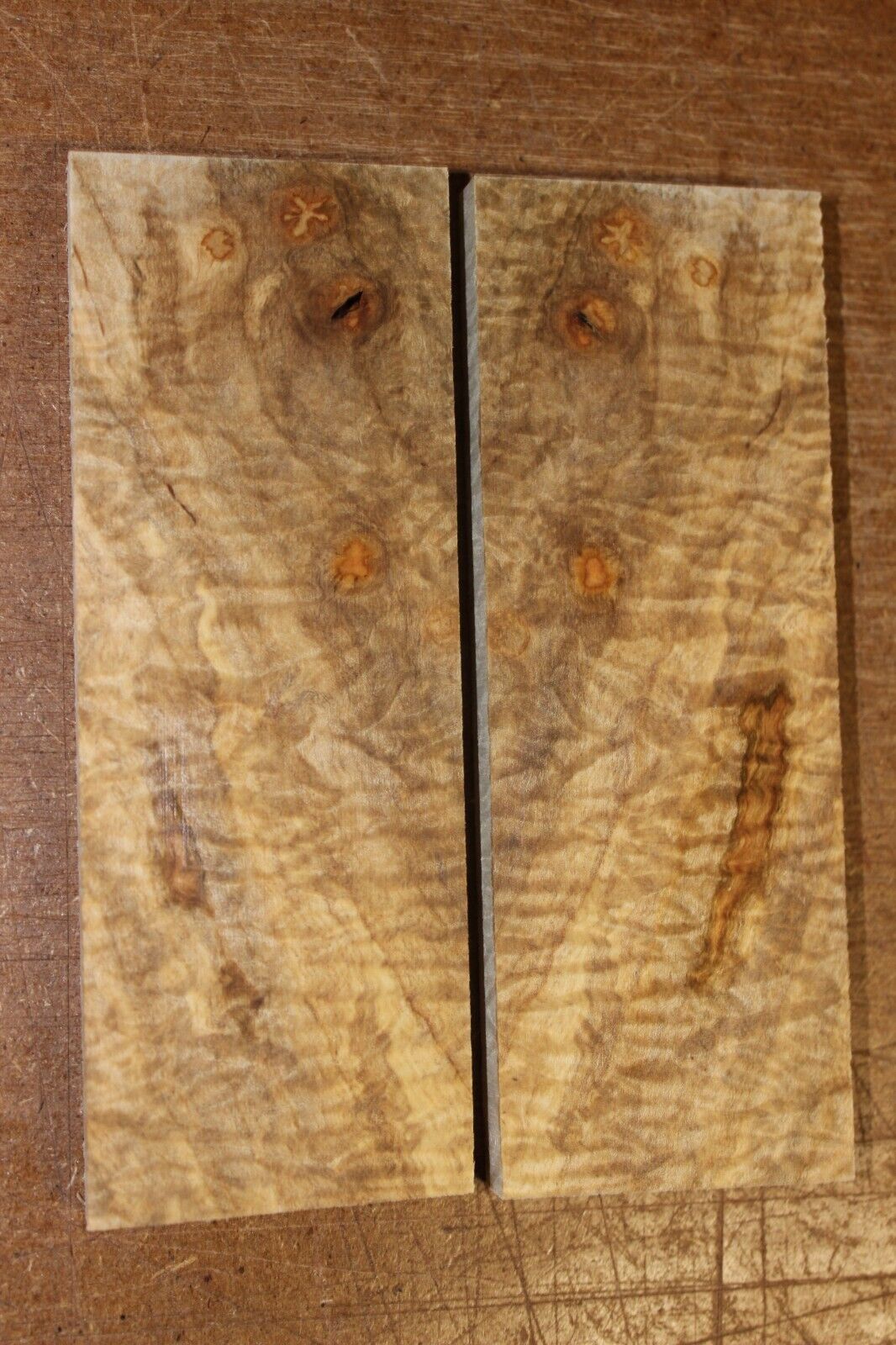 Curly ambrosia maple knife scale, gun grip. Insane tight figure 5.5 X 2 X 0.40"