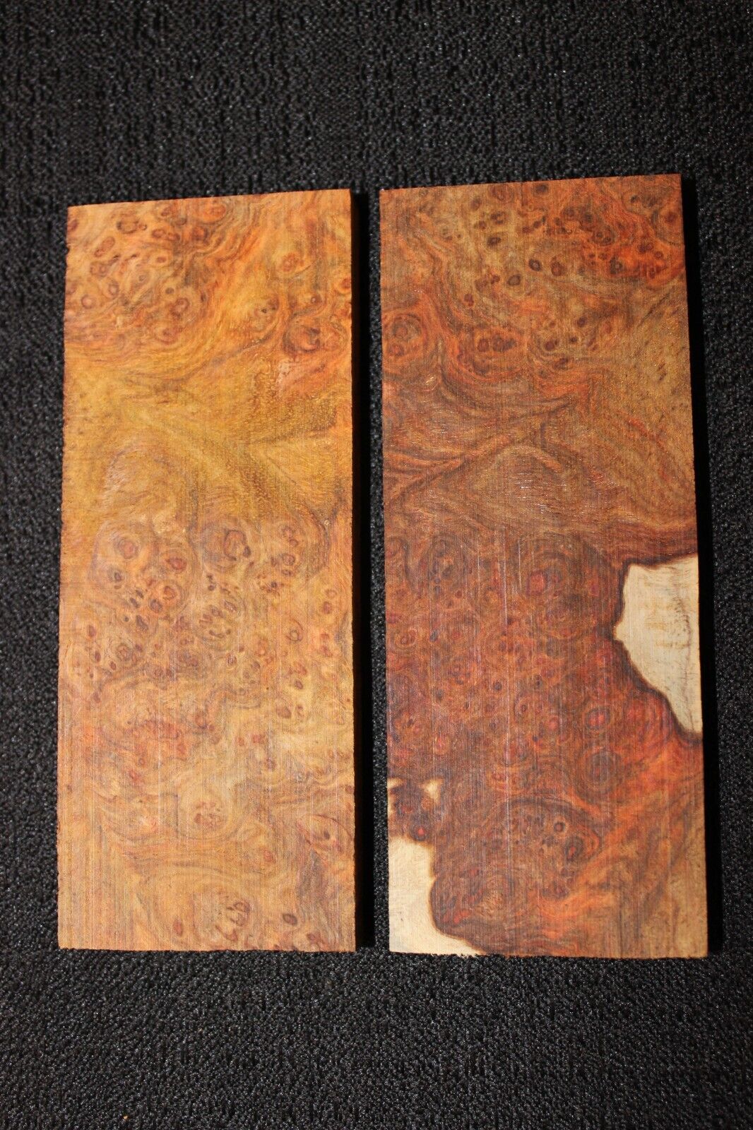 Amboyna burl knife scale, gun grip. 5 X 2 X 3/8"