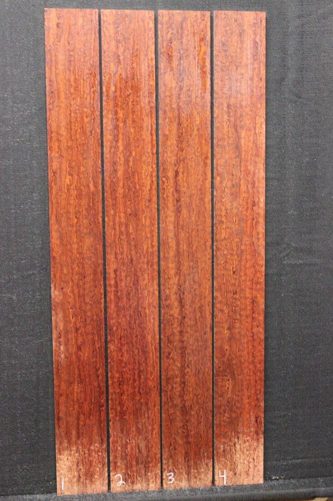 Pomelle figured bubinga bass guitar fingerboard blanks, sold individually.