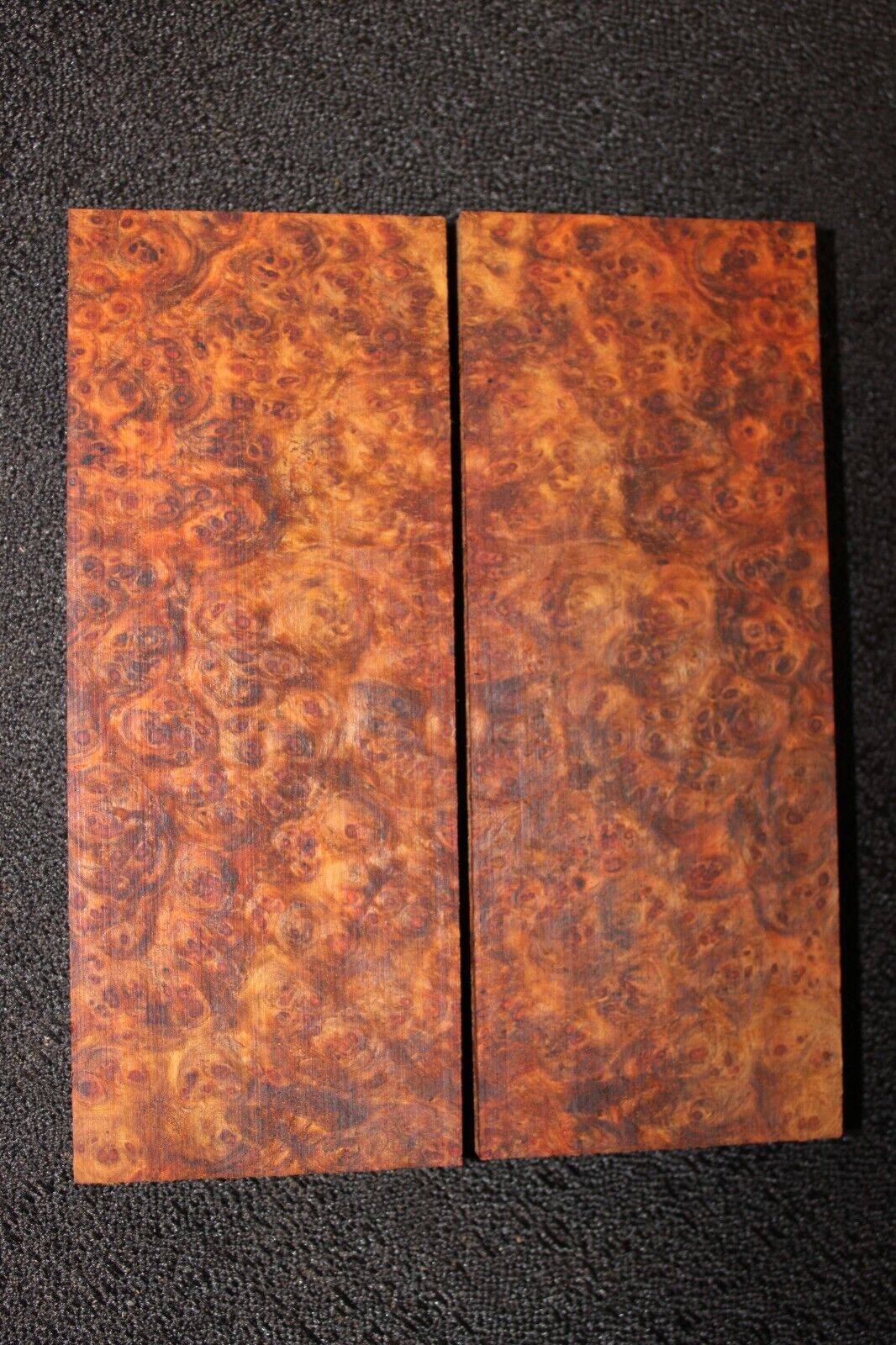 Amboyna burl knife scale, gun grip. 5 X 2 X 3/8"