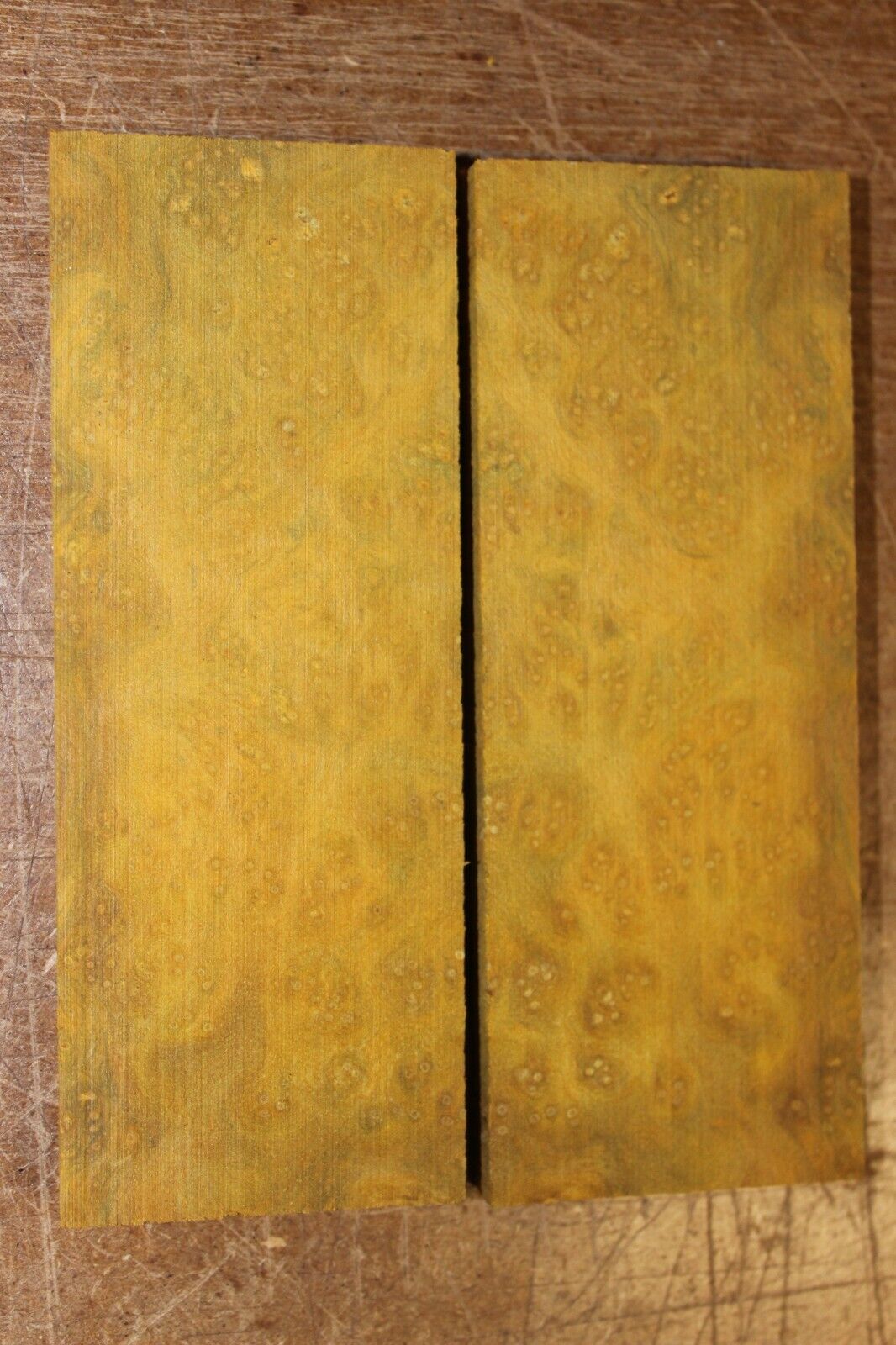 Golden Amboyna burl knife scale, gun grip. 5 X 1 7/8 X 3/8"
