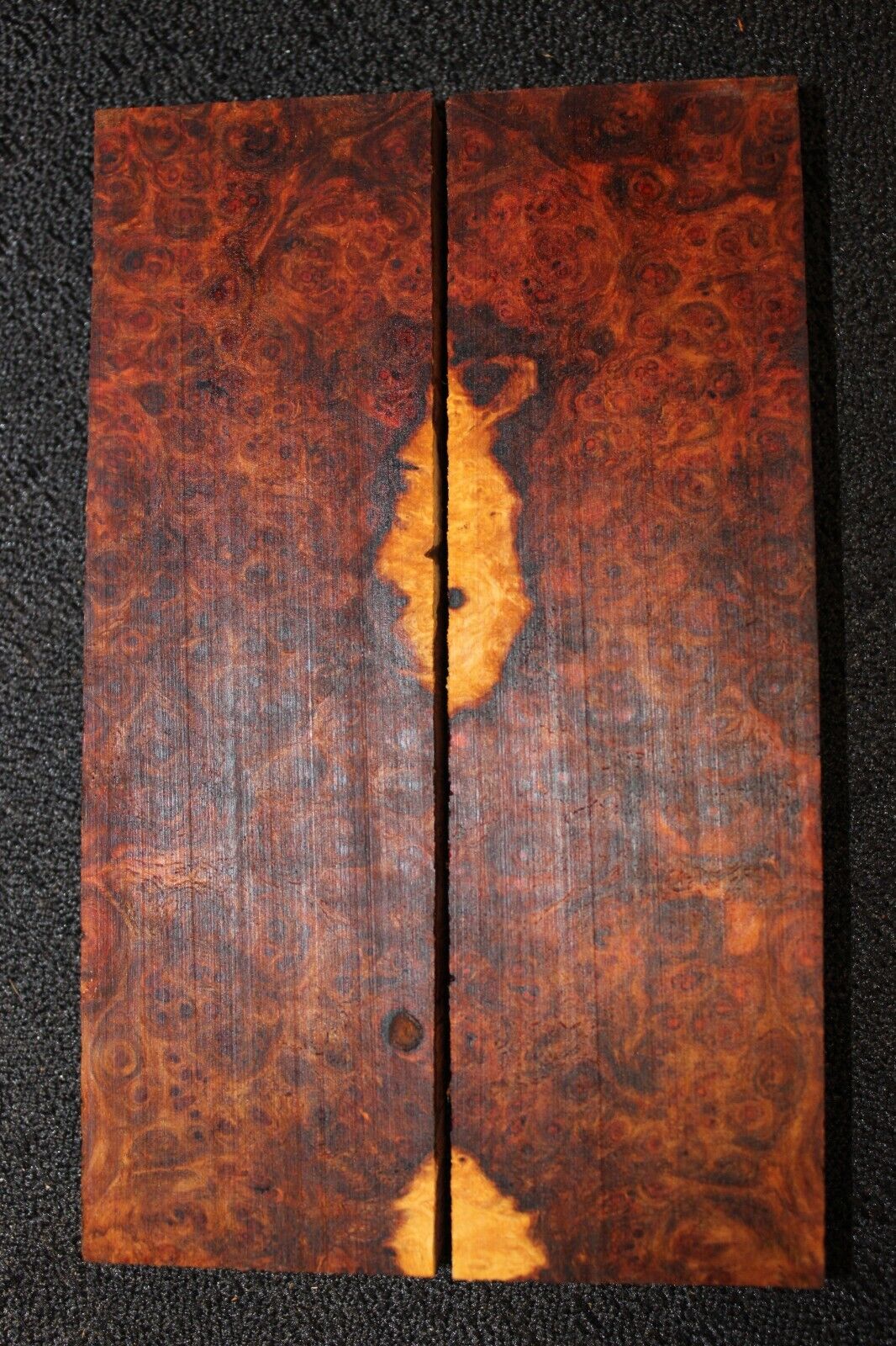 Amboyna burl knife scale, gun grip. 4 7/8 X 1 1/2 X 3/8"