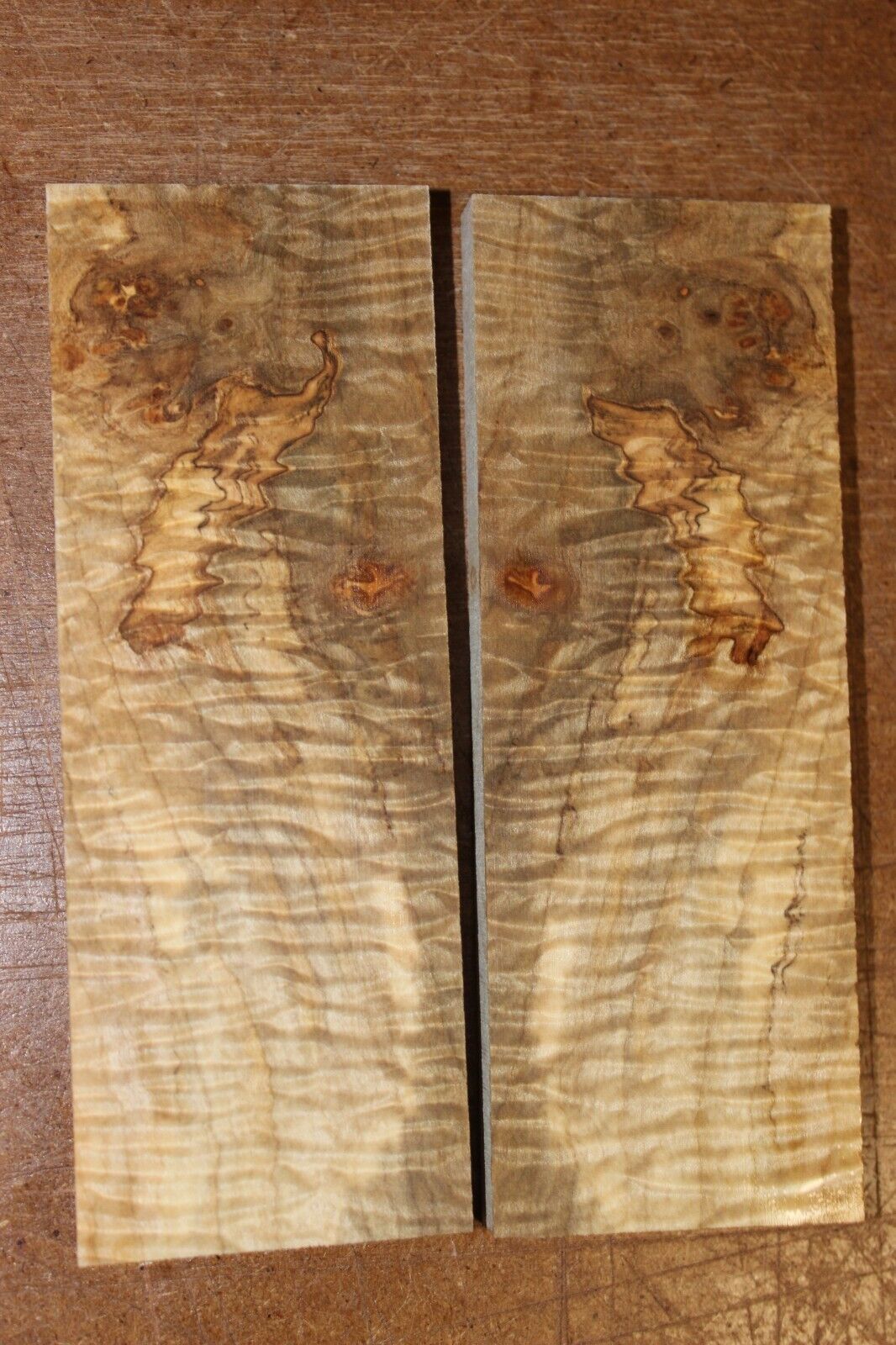 Curly ambrosia maple knife scale, gun grip. Insane tight figure 5.5 X 2 X 0.40"