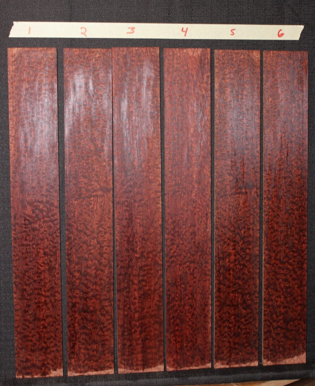 Pomelle figured bubinga guitar fingerboard blanks, sold individually.