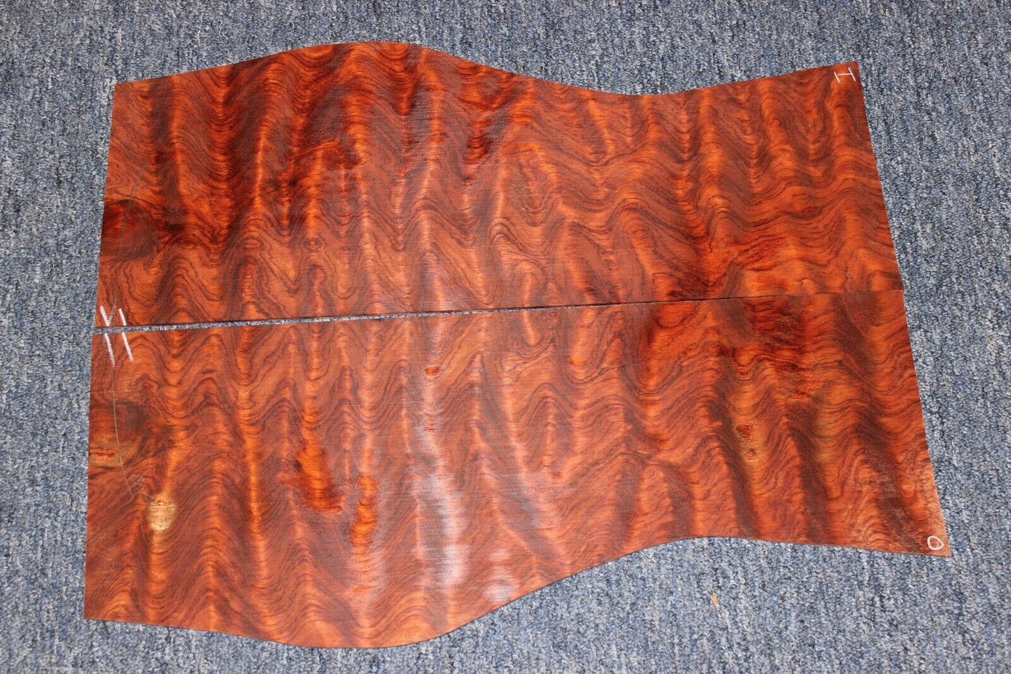 Waterfall figured bubinga back and side set. Stunning grain, color and figure.
