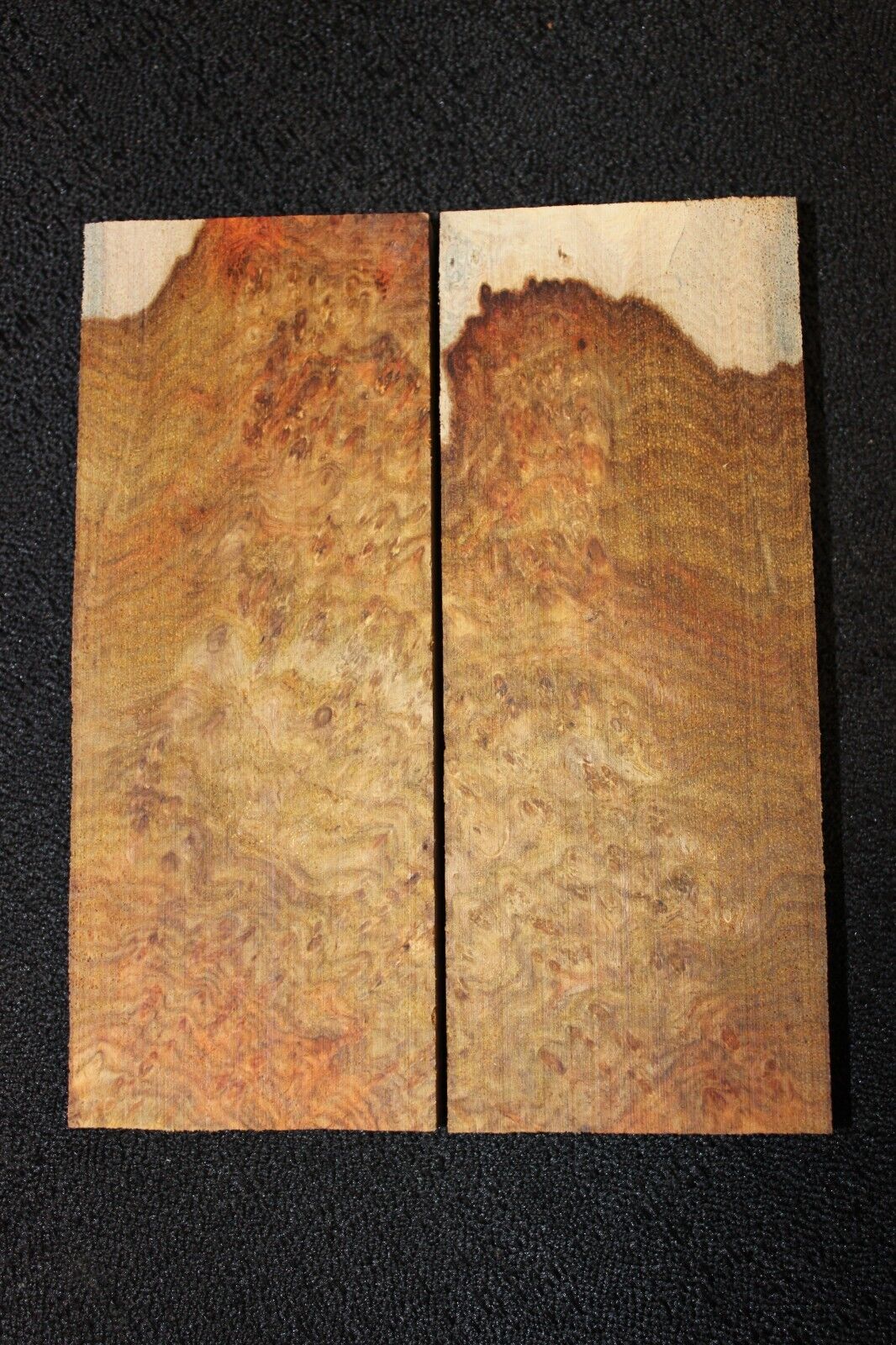 Amboyna burl knife scale, gun grip. 5 X 2 X 3/8"