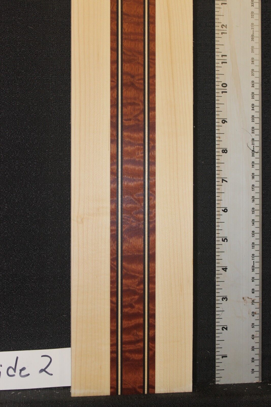 Quilted sapele, hard maple and wenge laminated bass guitar neck blank