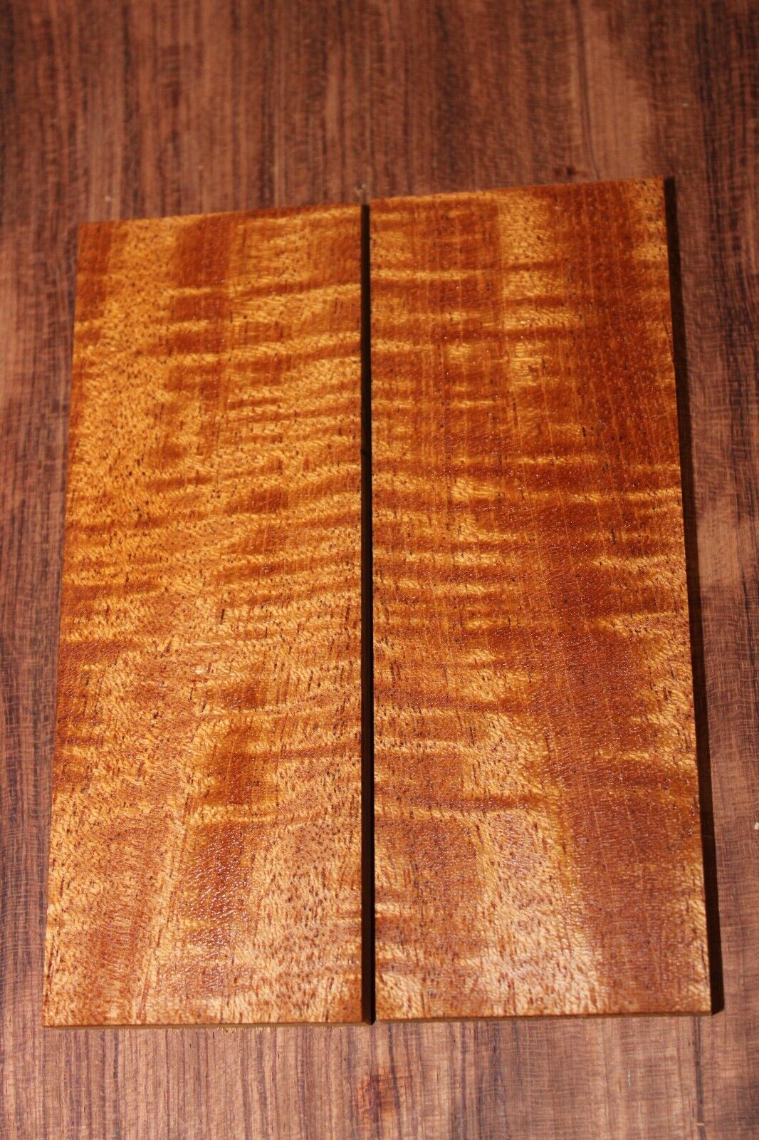Curly / flame mahogany knife scale, gun grip. Tight figure 5.5 X 2 X 3/8"