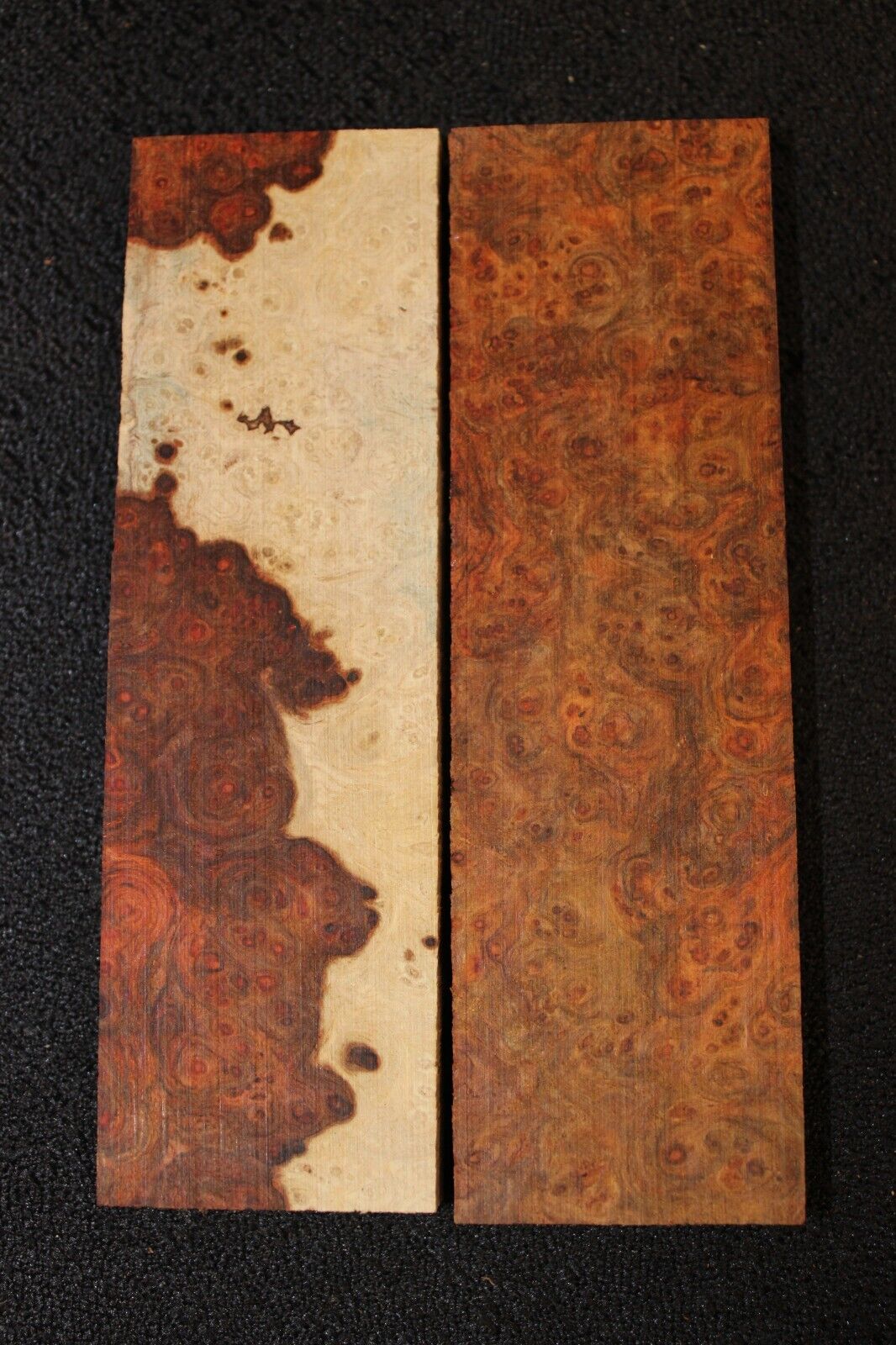 Amboyna burl knife scale, gun grip. 4 7/8 X 1 1/2 X 3/8"