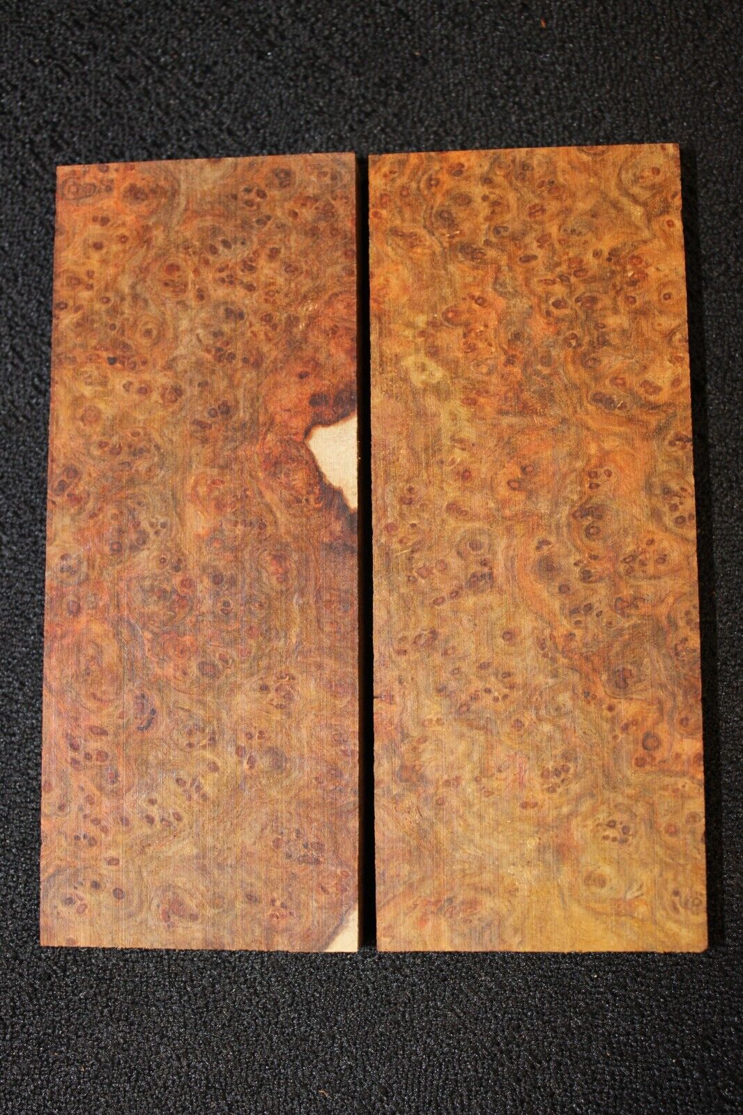 Amboyna burl knife scale, gun grip. 5 X 2 X 3/8"