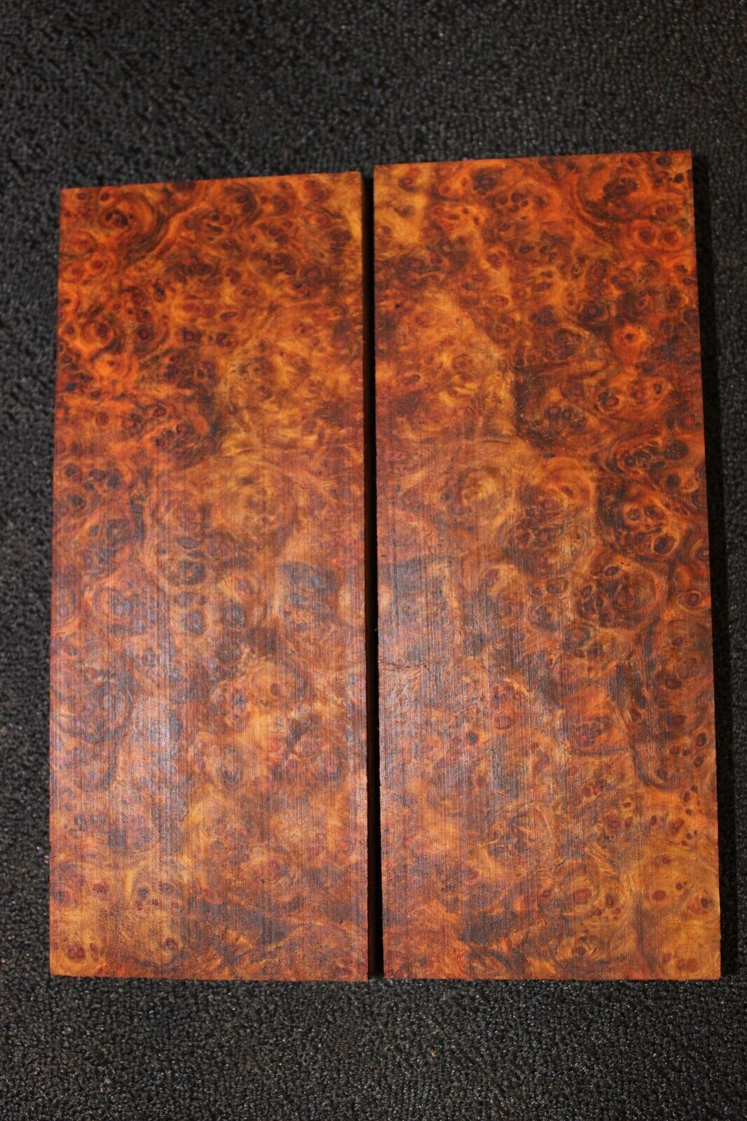 Amboyna burl knife scale, gun grip. 5 X 2 X 3/8"