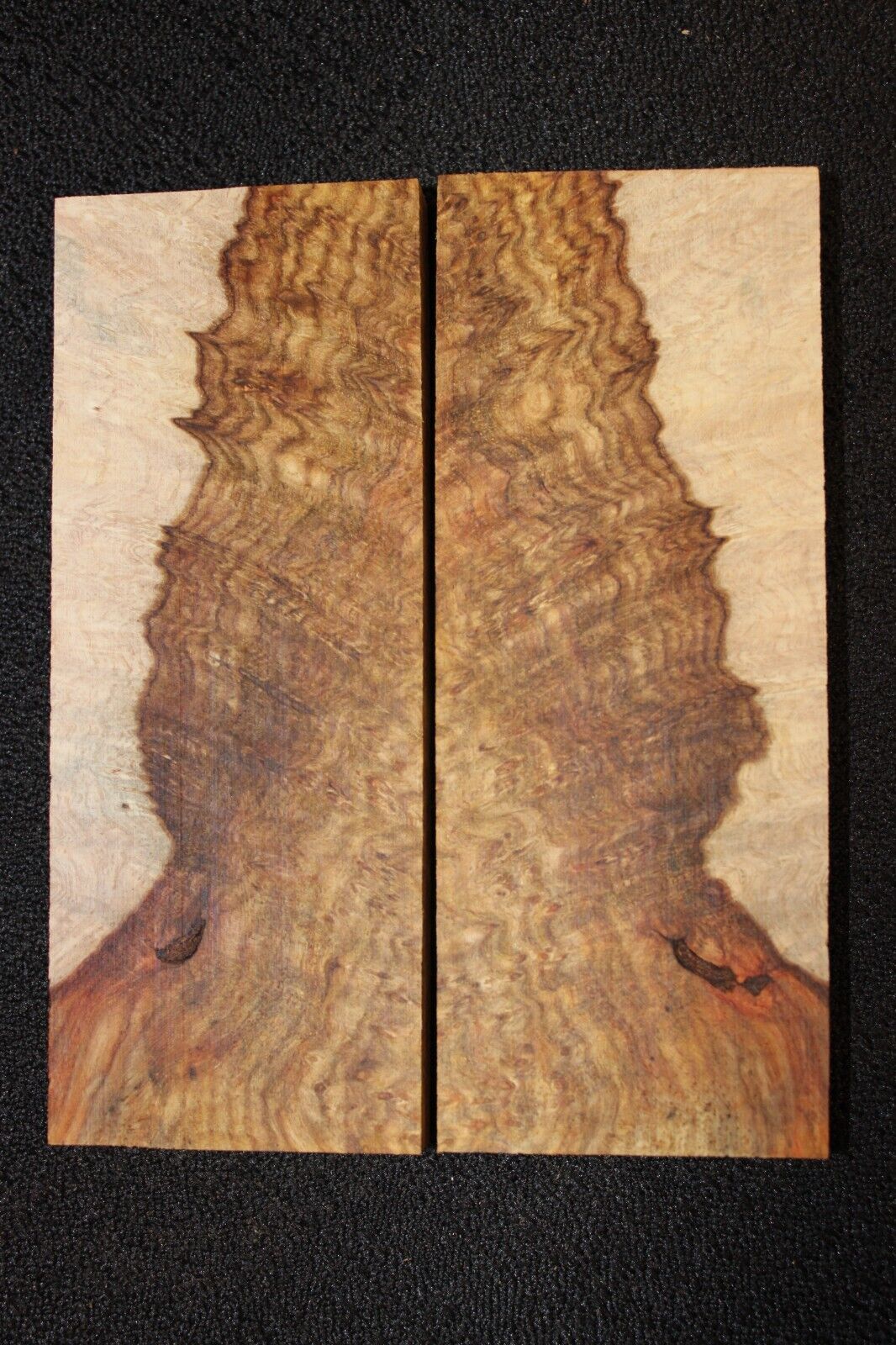 Amboyna burl knife scale, gun grip. 5 X 2 X 3/8"
