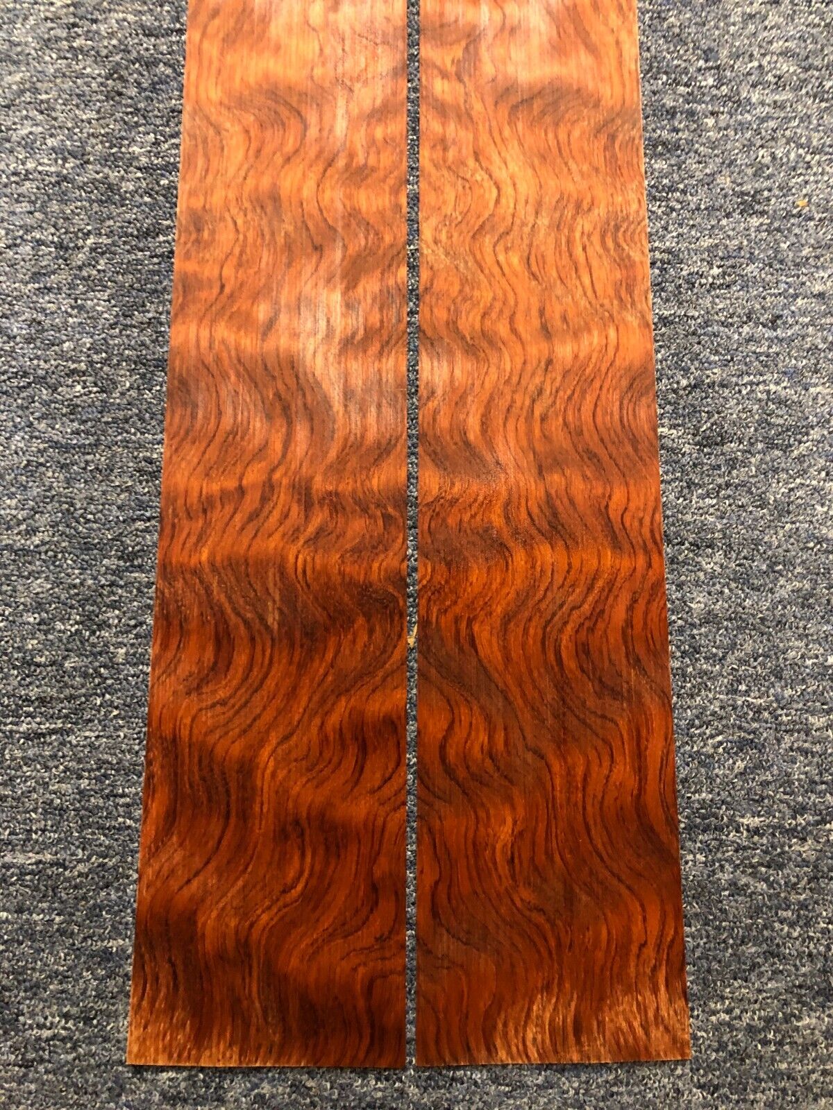 Waterfall figured bubinga back and side set. Stunning grain, color and figure.