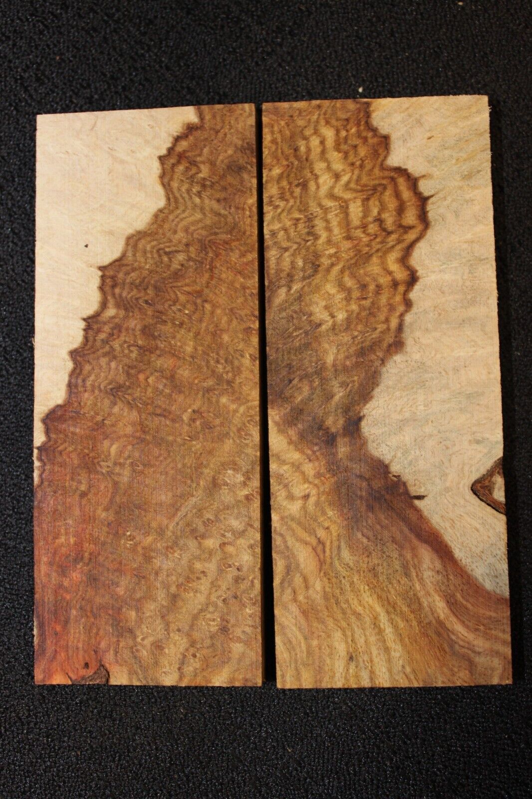 Amboyna burl knife scale, gun grip. 5 X 2 X 3/8"