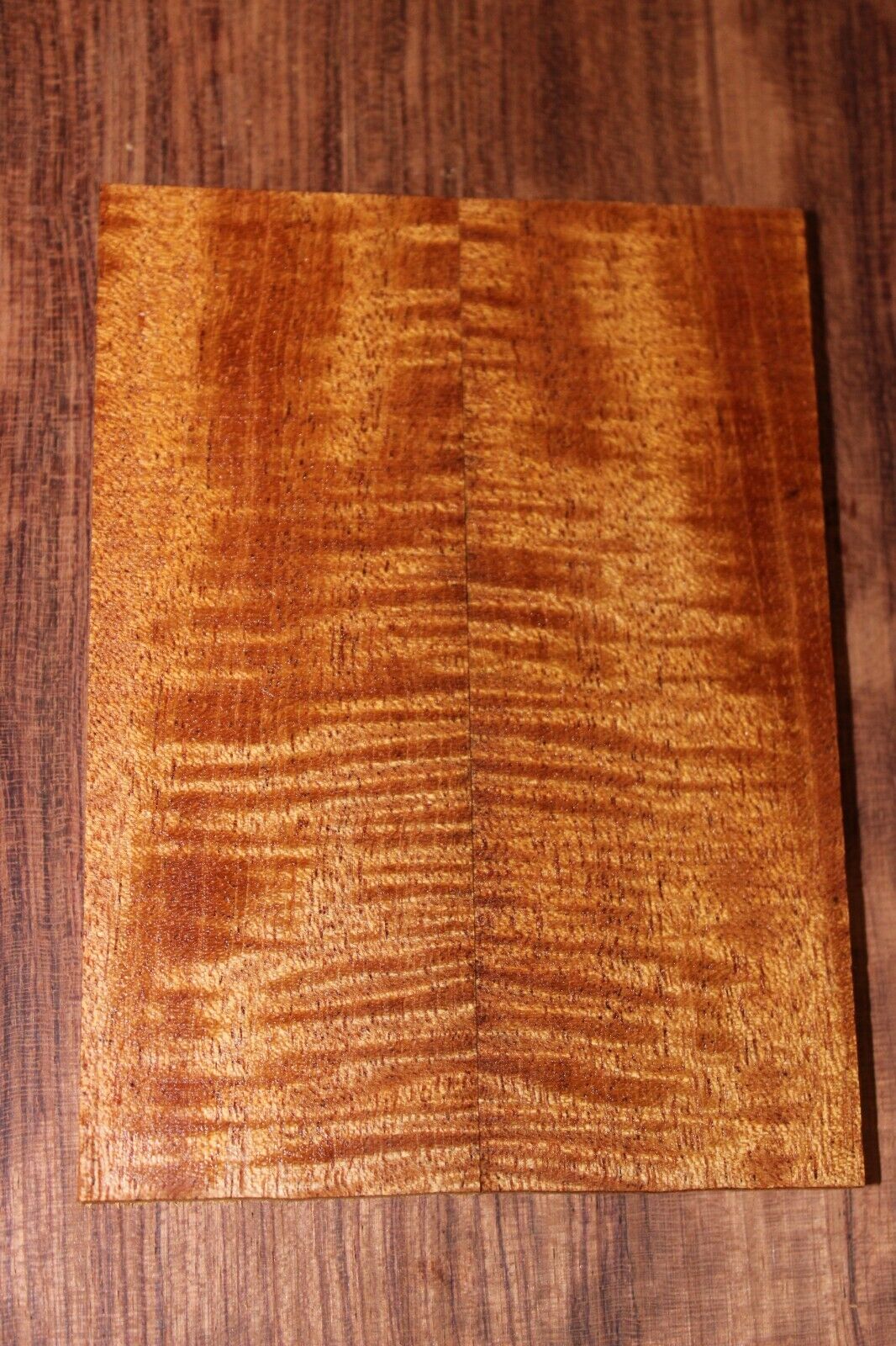 Curly / flame mahogany knife scale, gun grip. Tight figure 5.5 X 2 X 3/8"