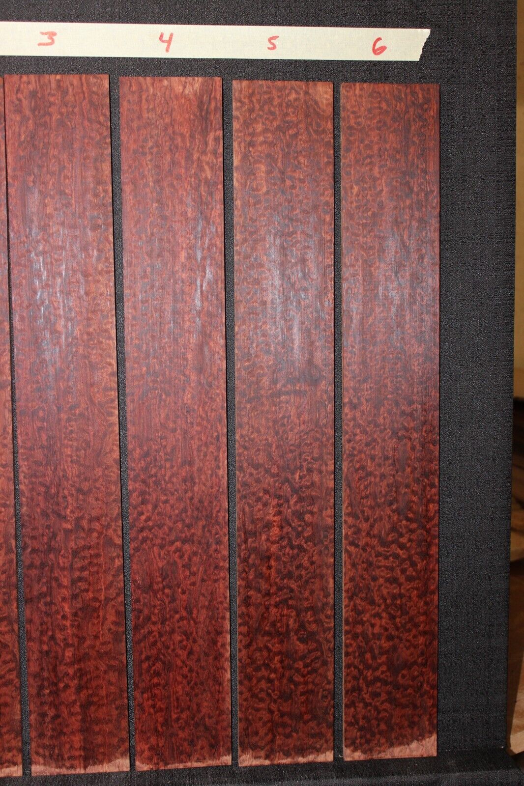 Pomelle figured bubinga guitar fingerboard blanks, sold individually.