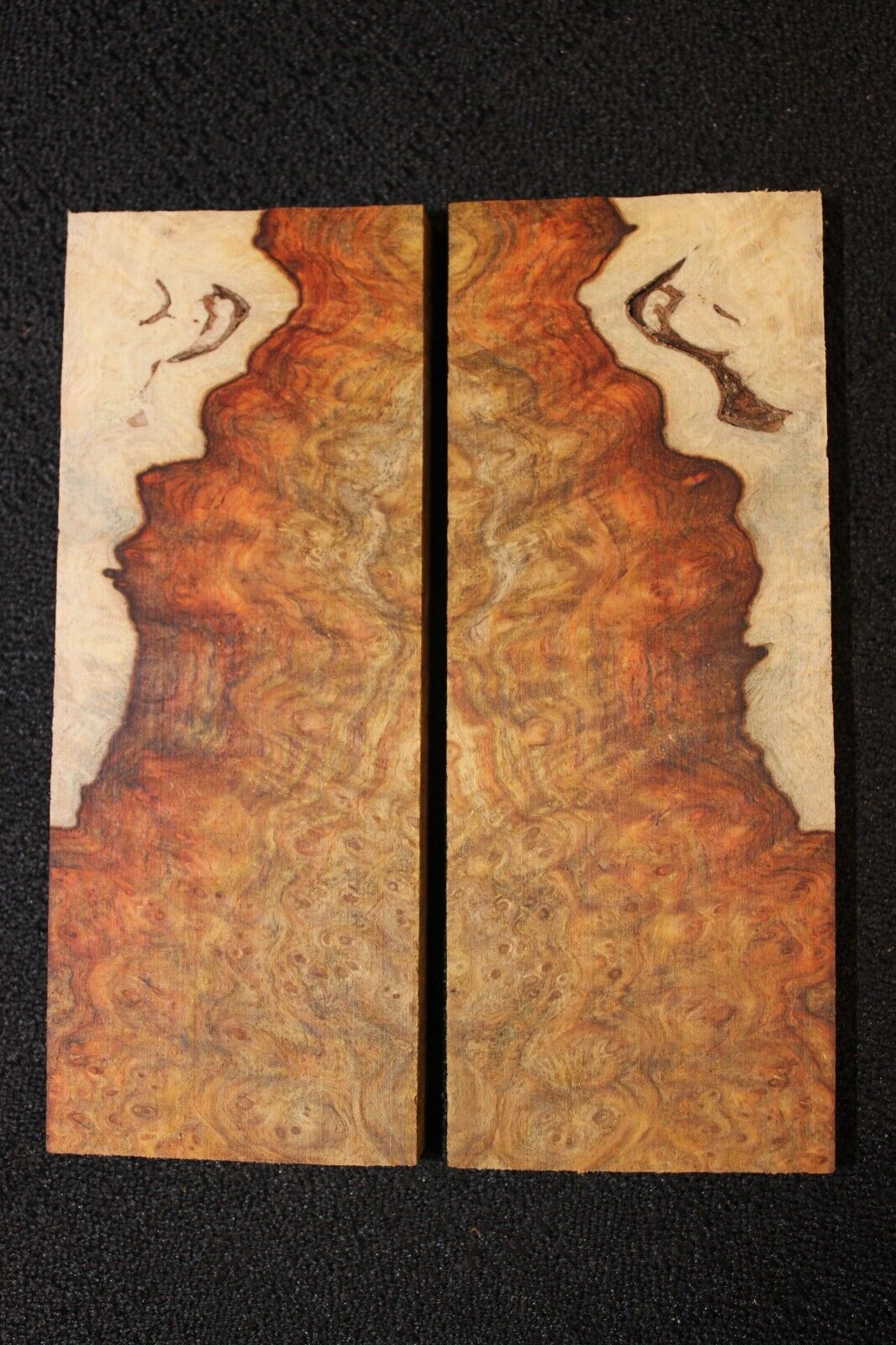 Amboyna burl knife scale, gun grip. 5 X 2 X 3/8"