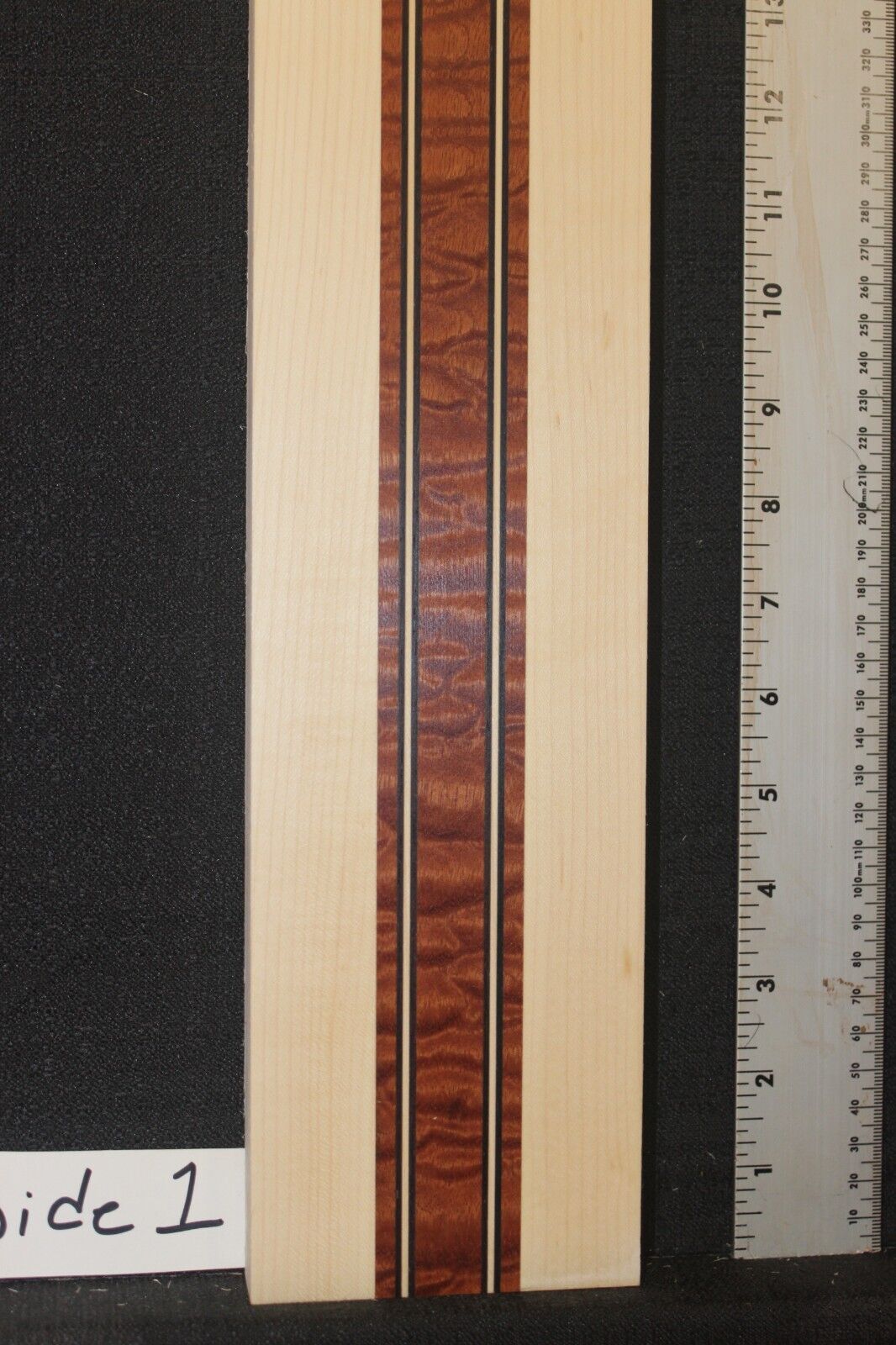 Quilted sapele, hard maple and wenge laminated bass guitar neck blank
