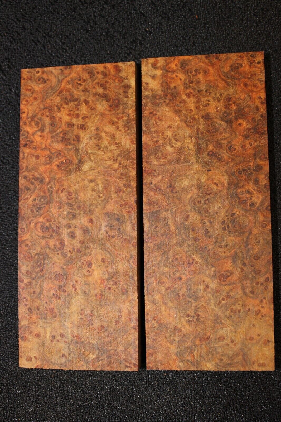 Amboyna burl knife scale, gun grip. 5 X 2 X 3/8"