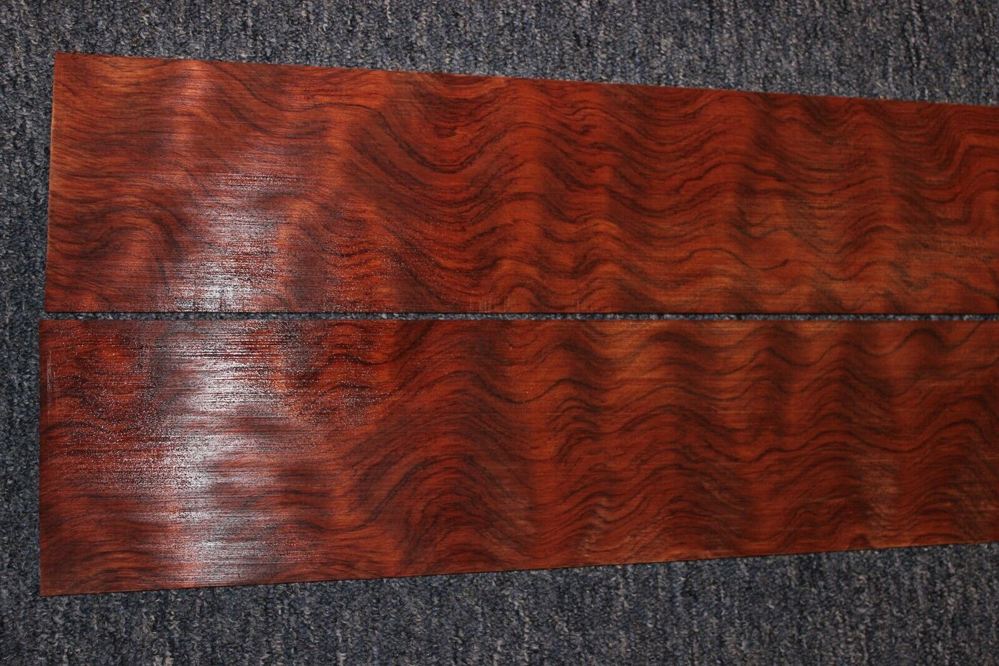 Waterfall figured bubinga back and side set. Stunning grain, color and figure.