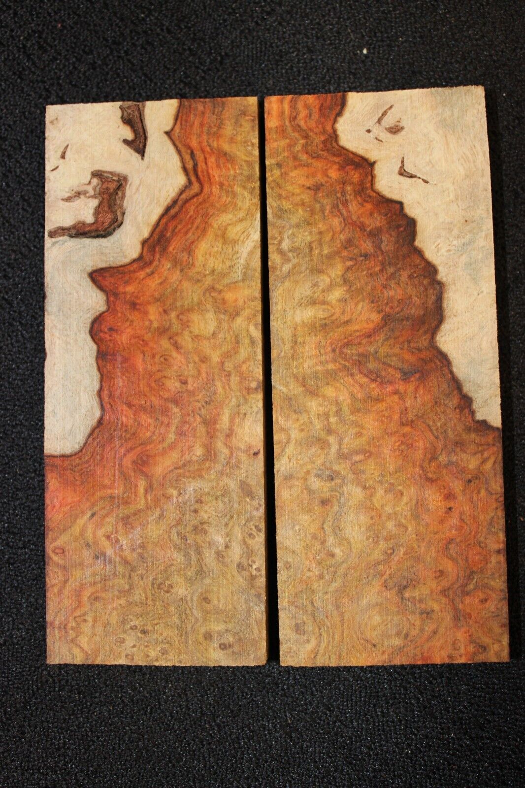 Amboyna burl knife scale, gun grip. 5 X 2 X 3/8"