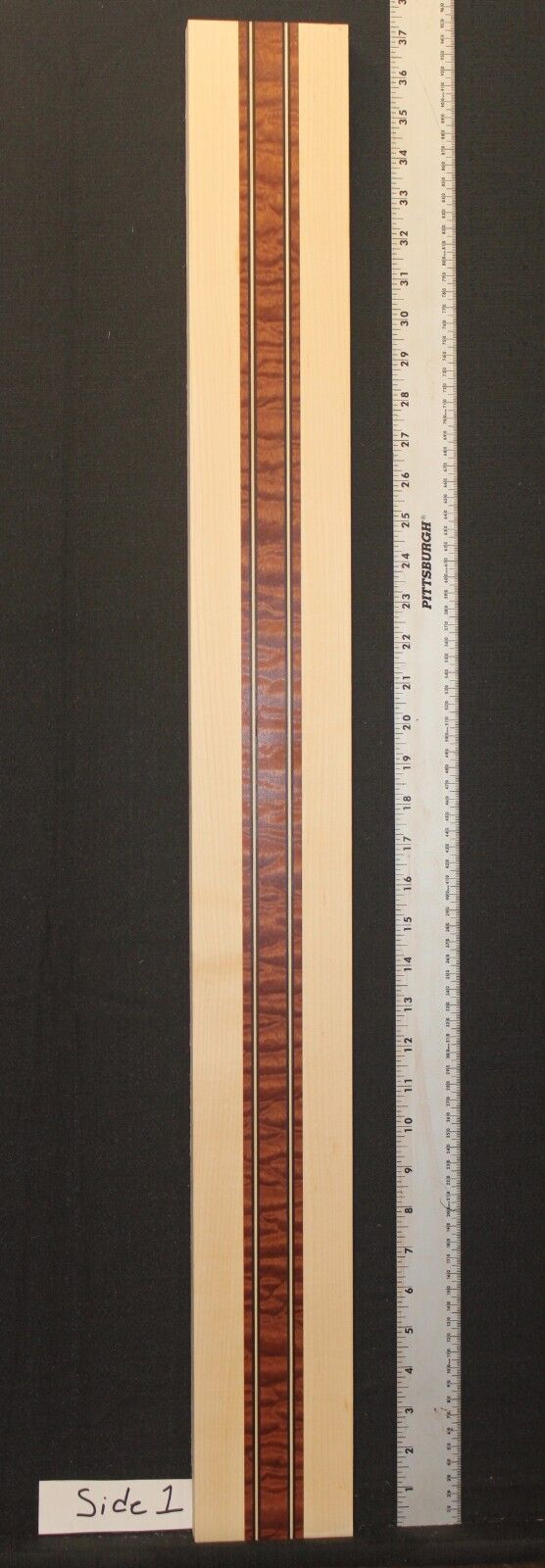Quilted sapele, hard maple and wenge laminated bass guitar neck blank