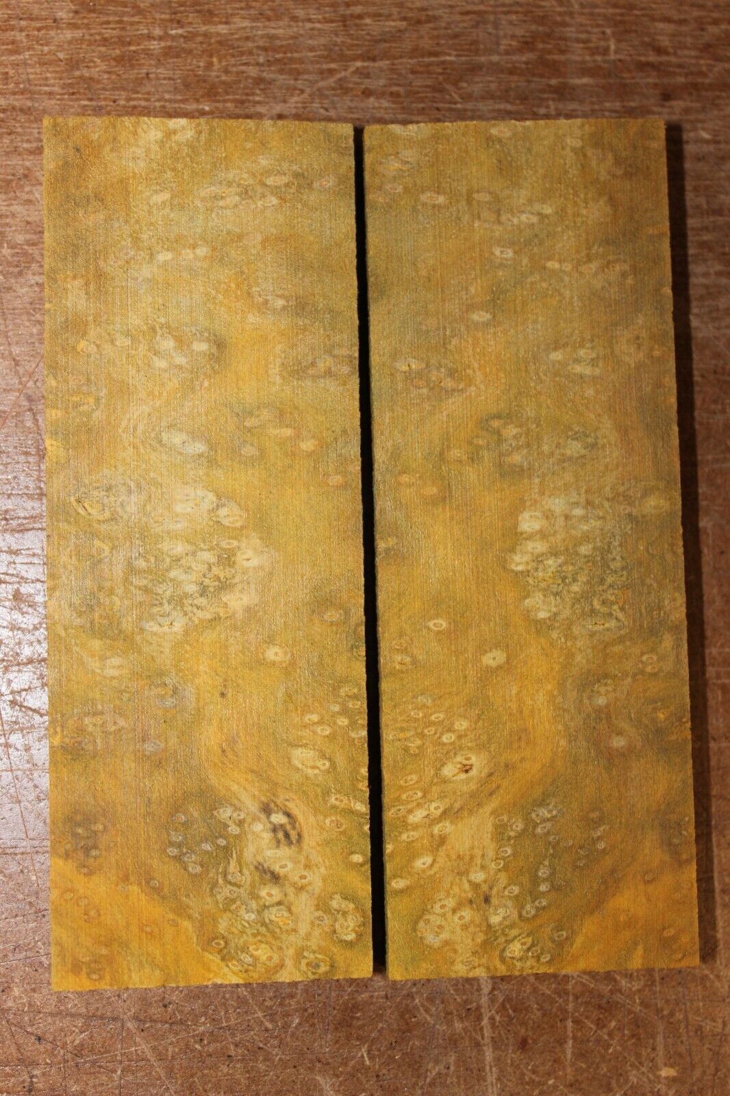 Golden Amboyna burl knife scale, gun grip. 5 X 1 7/8 X 3/8"