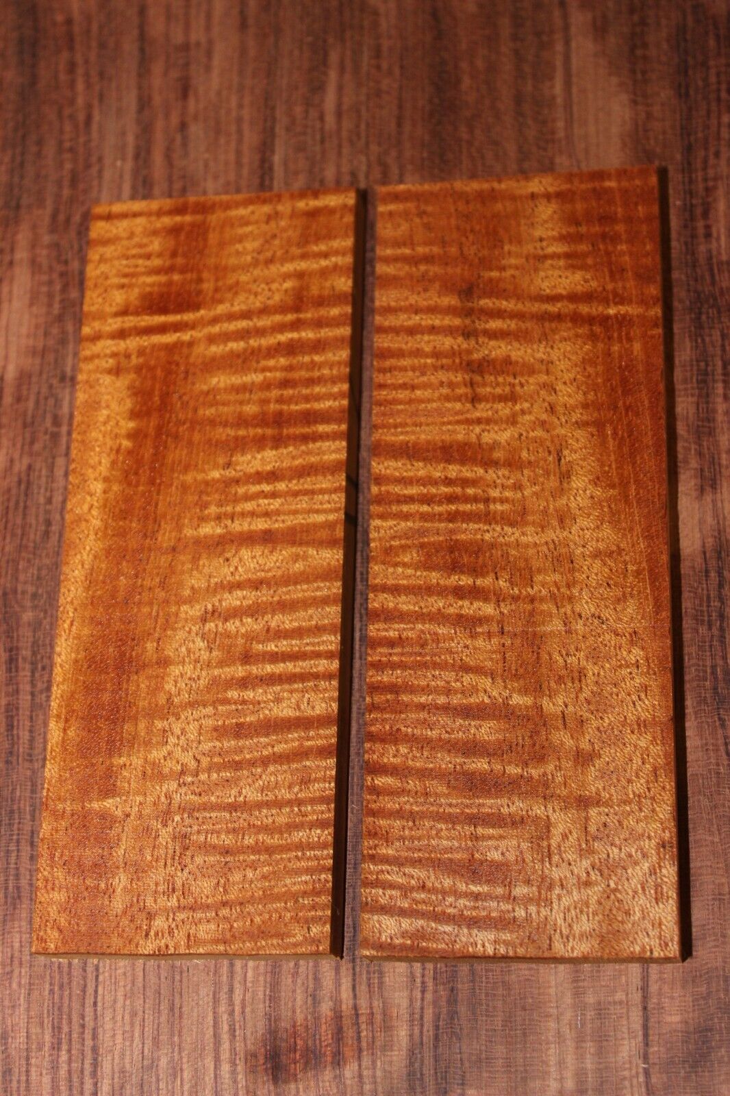 Curly / flame mahogany knife scale, gun grip. Tight figure 5.5 X 2 X 3/8"