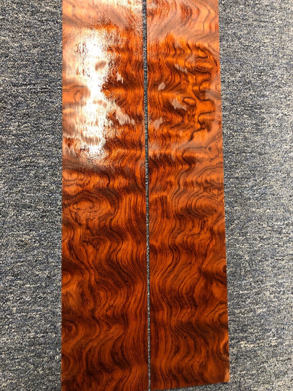 Waterfall figured bubinga back and side set. Stunning grain, color and figure.