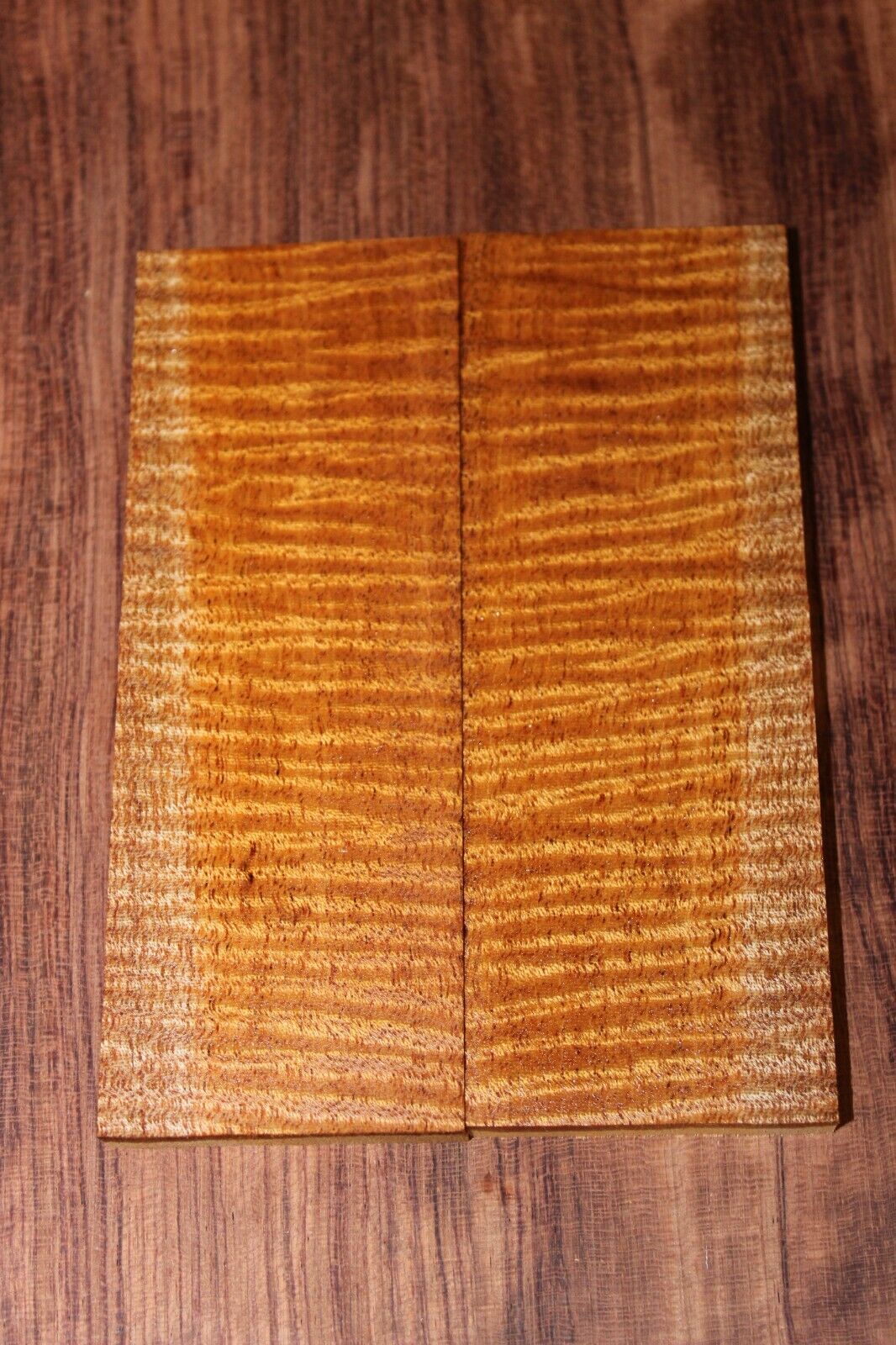 Curly / flame mahogany knife scale, gun grip. Insane tight figure 5.5 X 2 X 3/8"