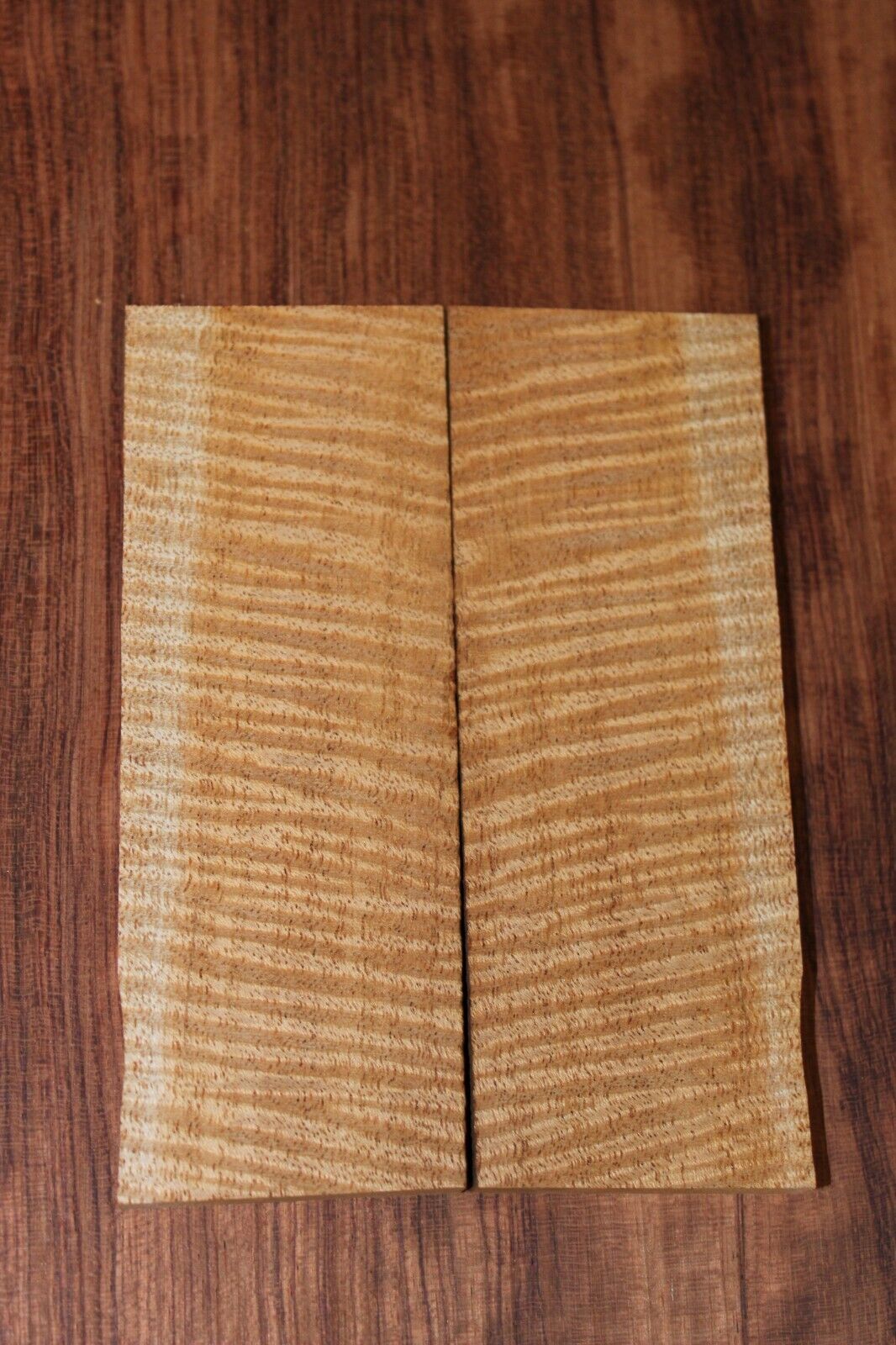 Curly / flame mahogany knife scale, gun grip. Insane tight figure 5.5 X 2 X 3/8"