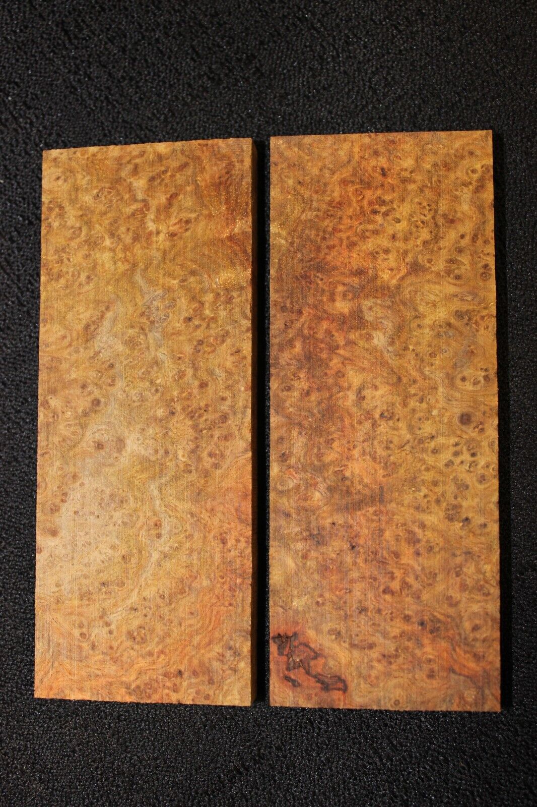 Amboyna burl knife scale, gun grip. 5 X 2 X 3/8"