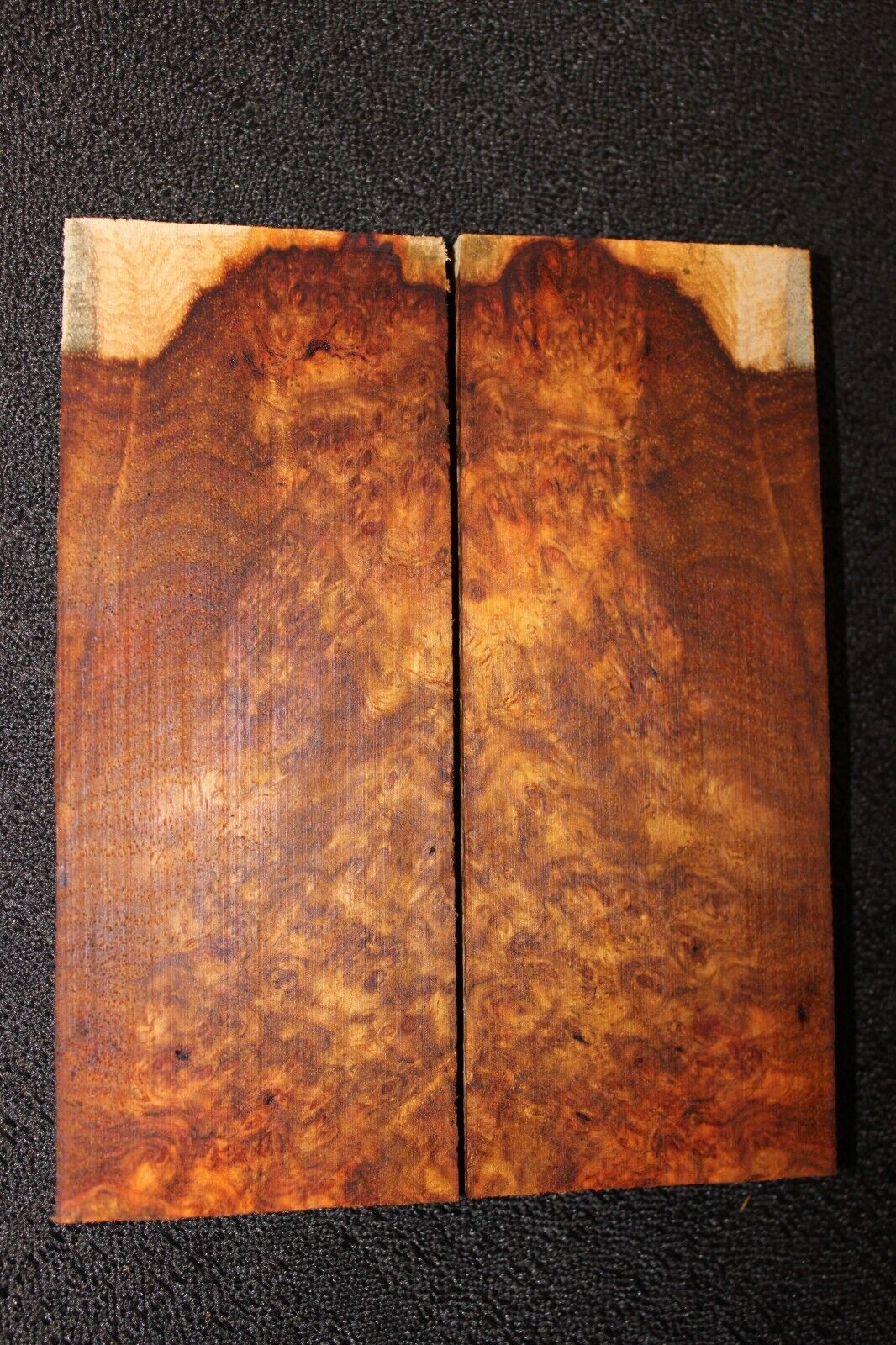 Amboyna burl knife scale, gun grip. 5 X 2 X 3/8"