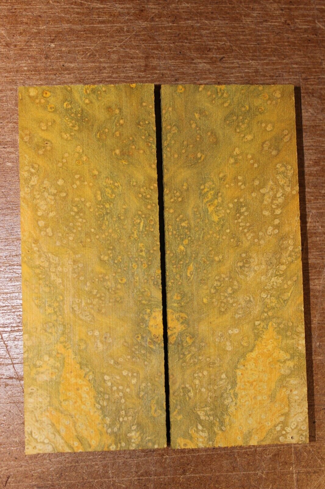 Golden Amboyna burl knife scale, gun grip. 5 X 1 7/8 X 3/8"