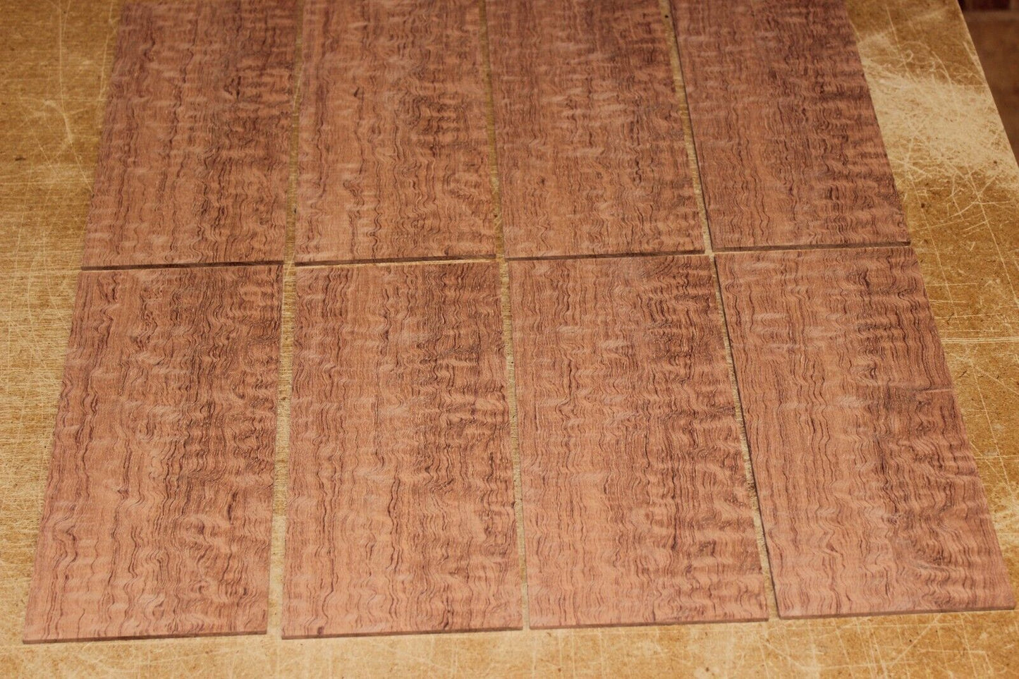 Quarter sawn figured bubinga headstock / peg head veneer. Sold individually
