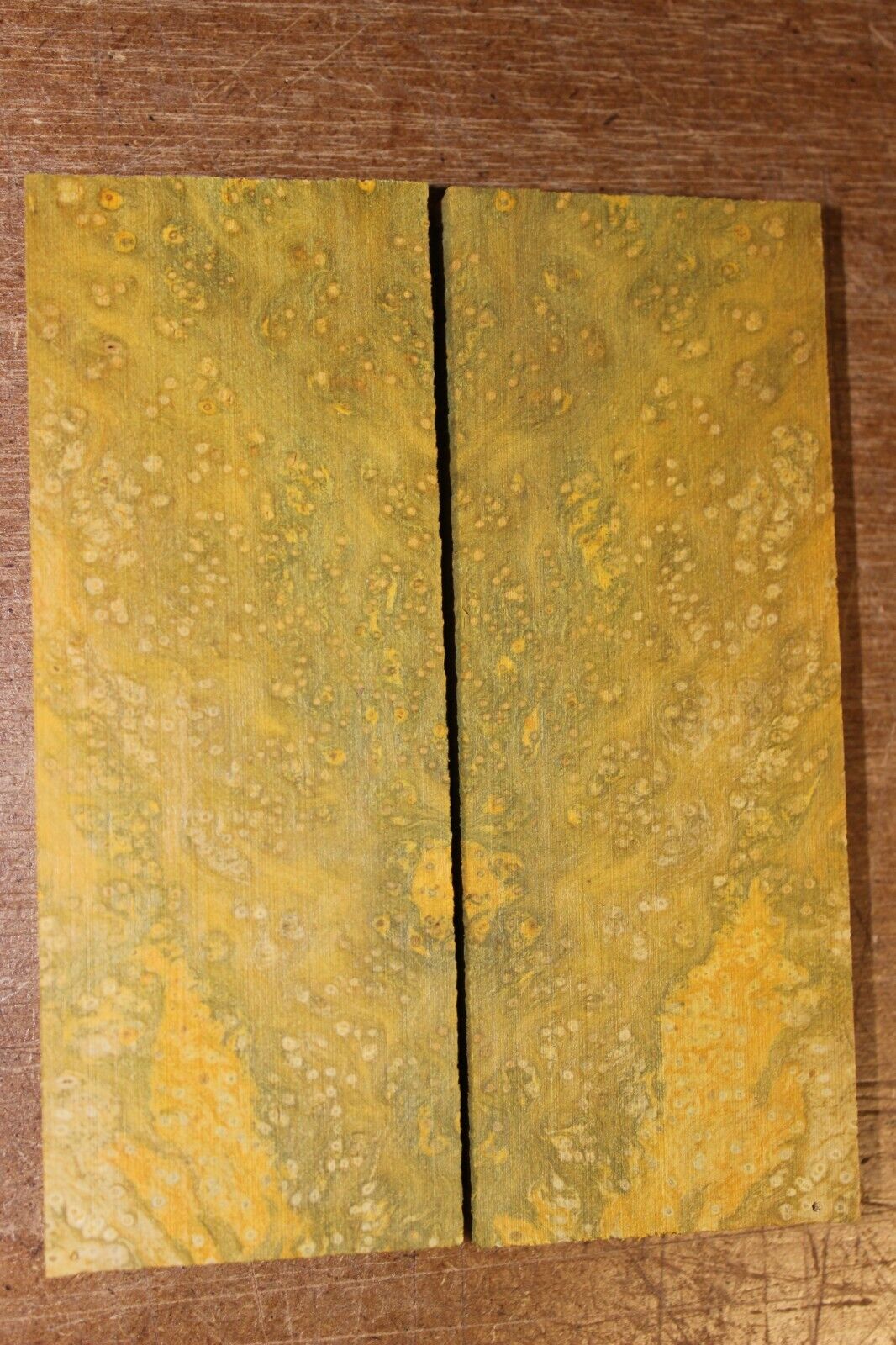 Golden Amboyna burl knife scale, gun grip. 5 X 1 7/8 X 3/8"