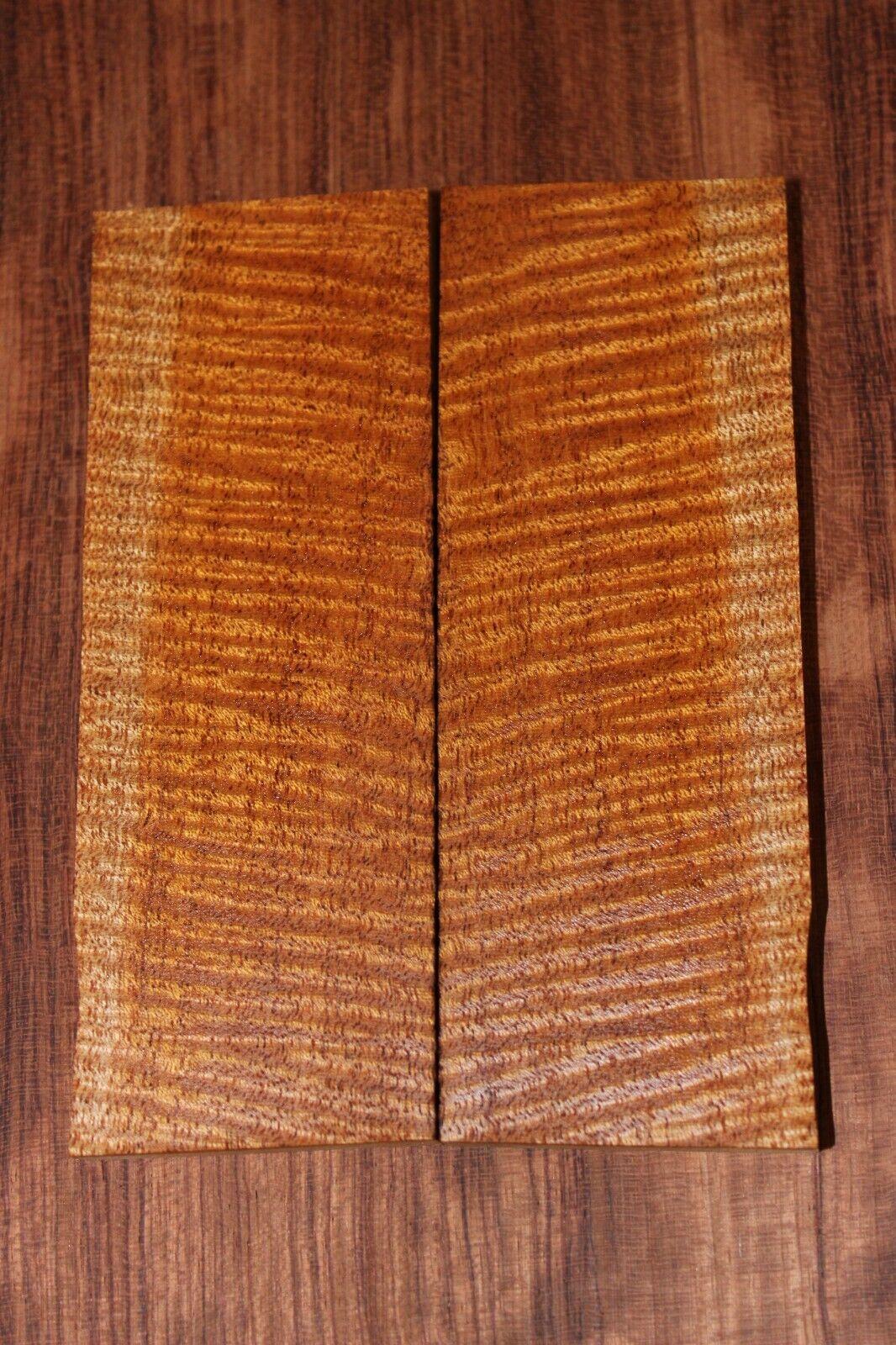 Curly / flame mahogany knife scale, gun grip. Insane tight figure 5.5 X 2 X 3/8"