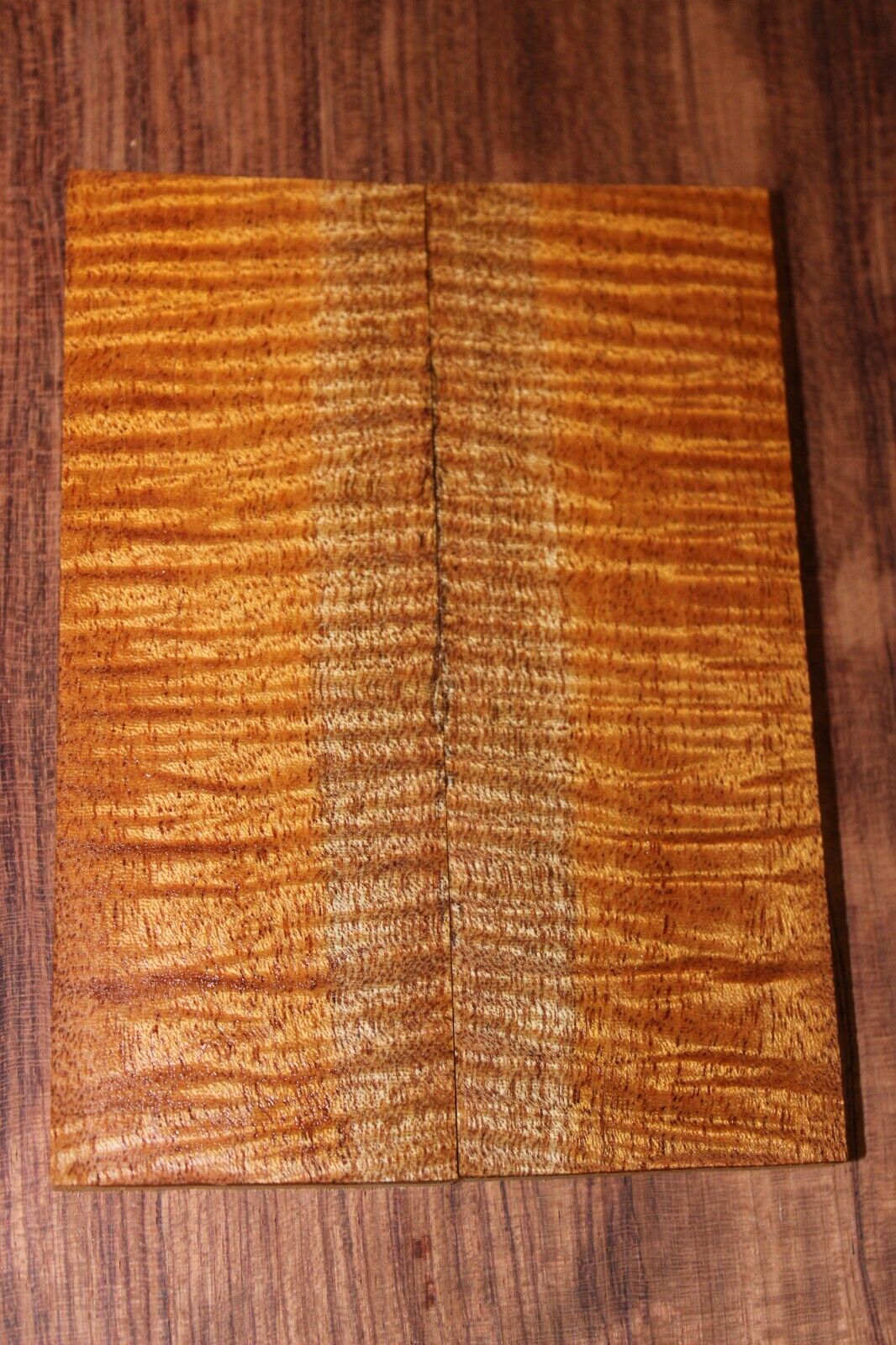 Curly / flame mahogany knife scale, gun grip. Insane tight figure 5.5 X 2 X 3/8"