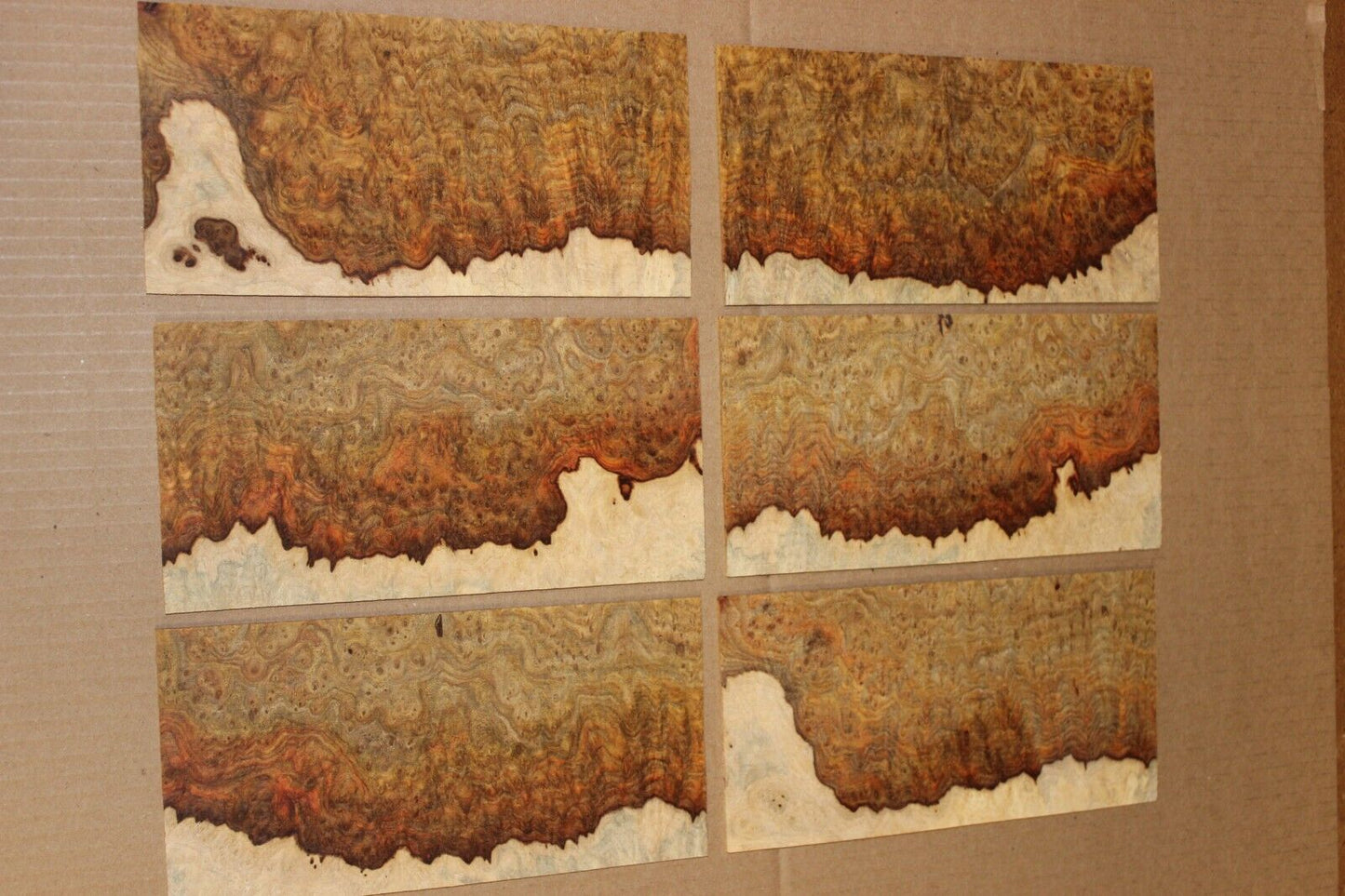 Amboyna burl headstock / peg head veneer. Sold individually