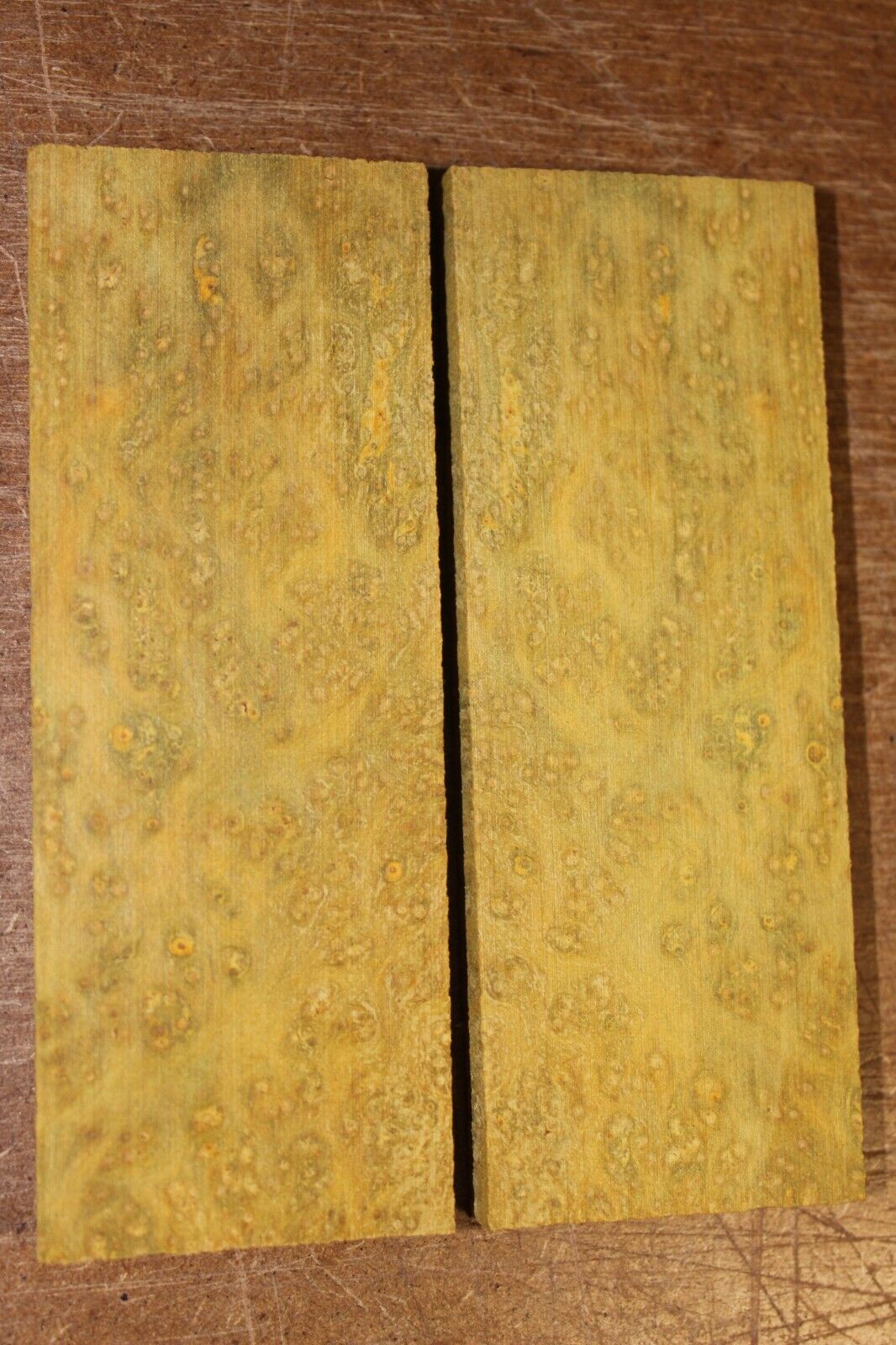 Golden Amboyna burl knife scale, gun grip. 5 X 1 7/8 X 3/8"
