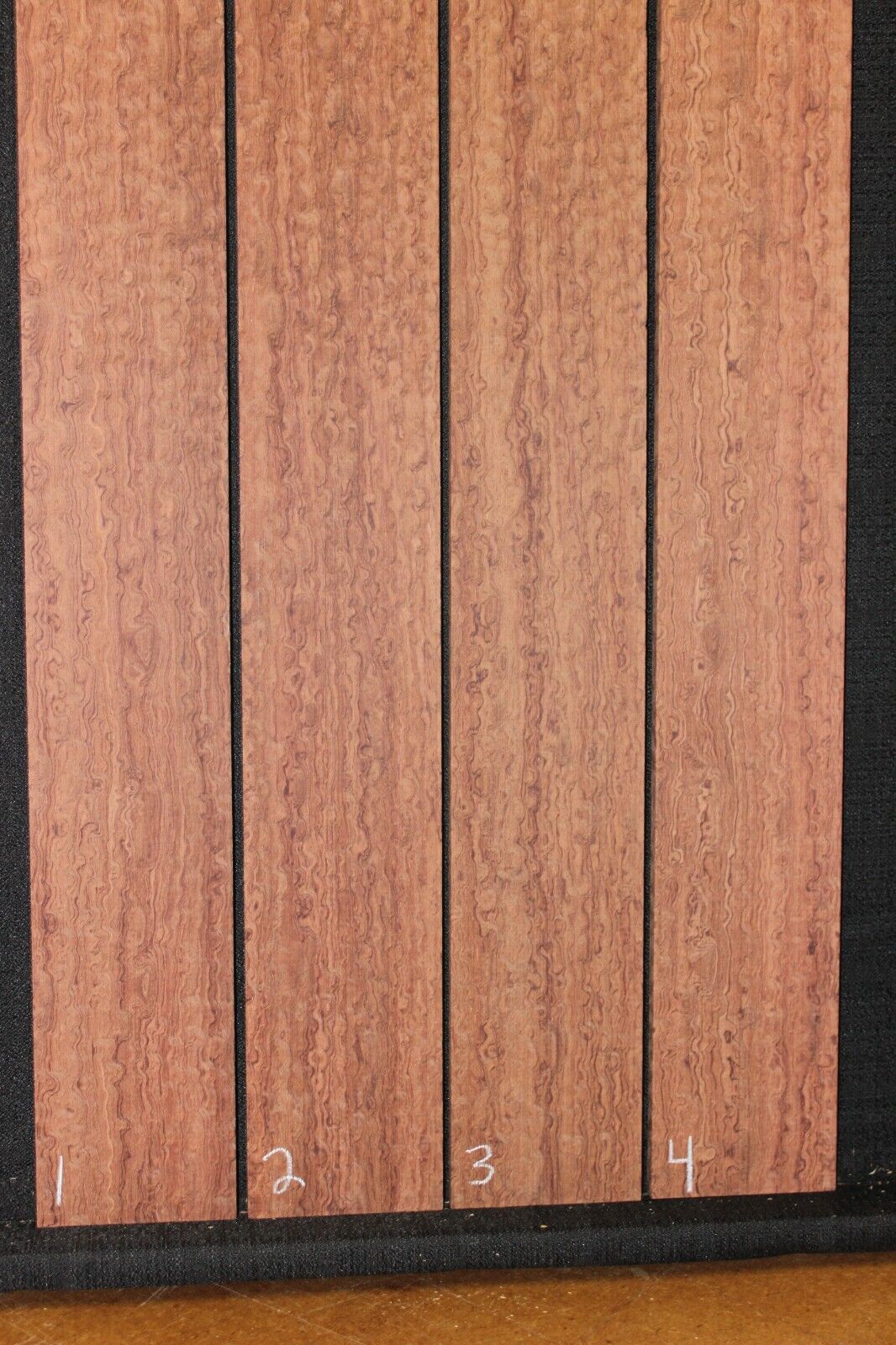 Pomelle figured bubinga bass guitar fingerboard blanks, sold individually.