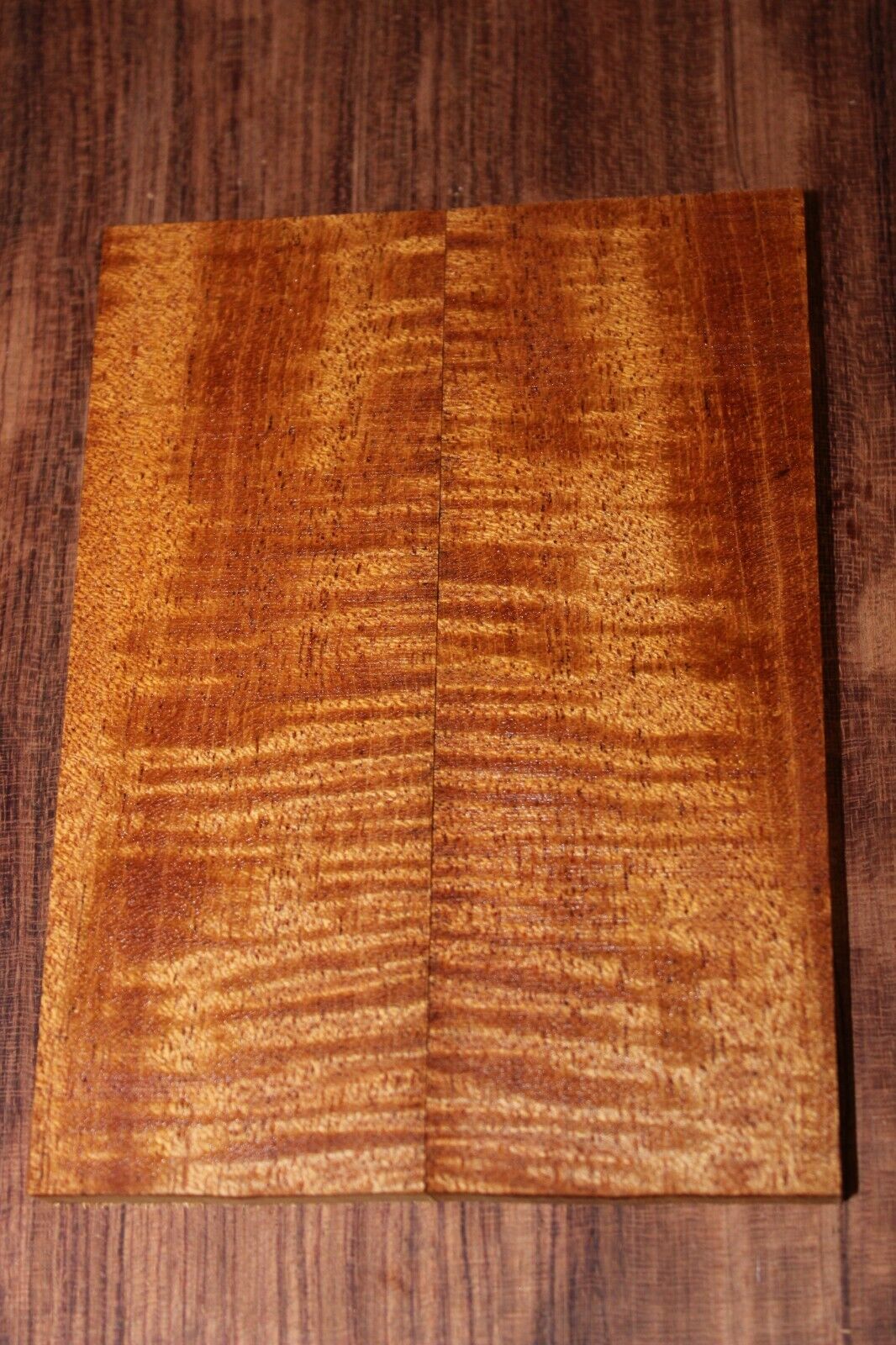 Curly / flame mahogany knife scale, gun grip. Tight figure 5.5 X 2 X 3/8"
