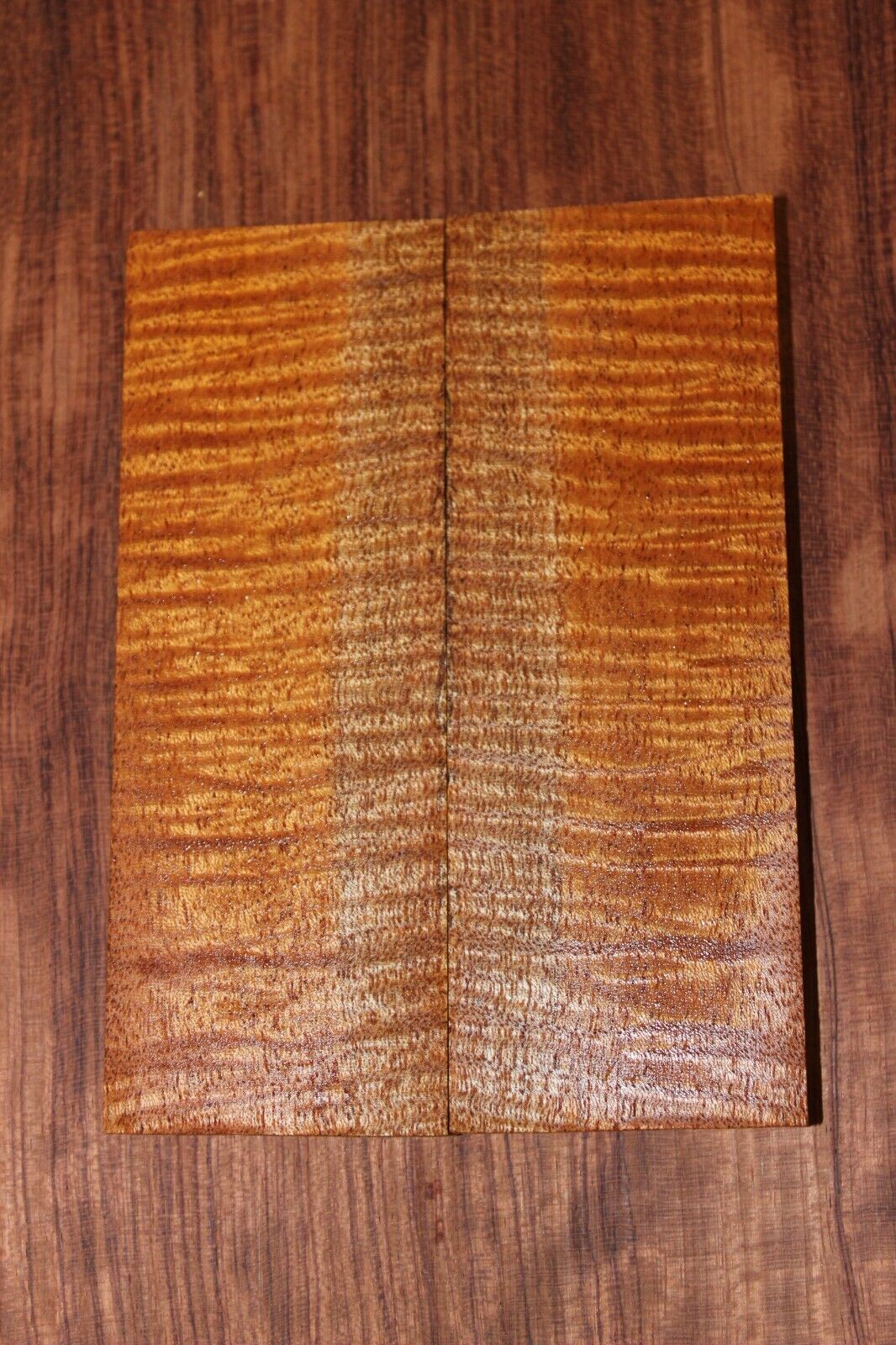 Curly / flame mahogany knife scale, gun grip. Insane tight figure 5.5 X 2 X 3/8"