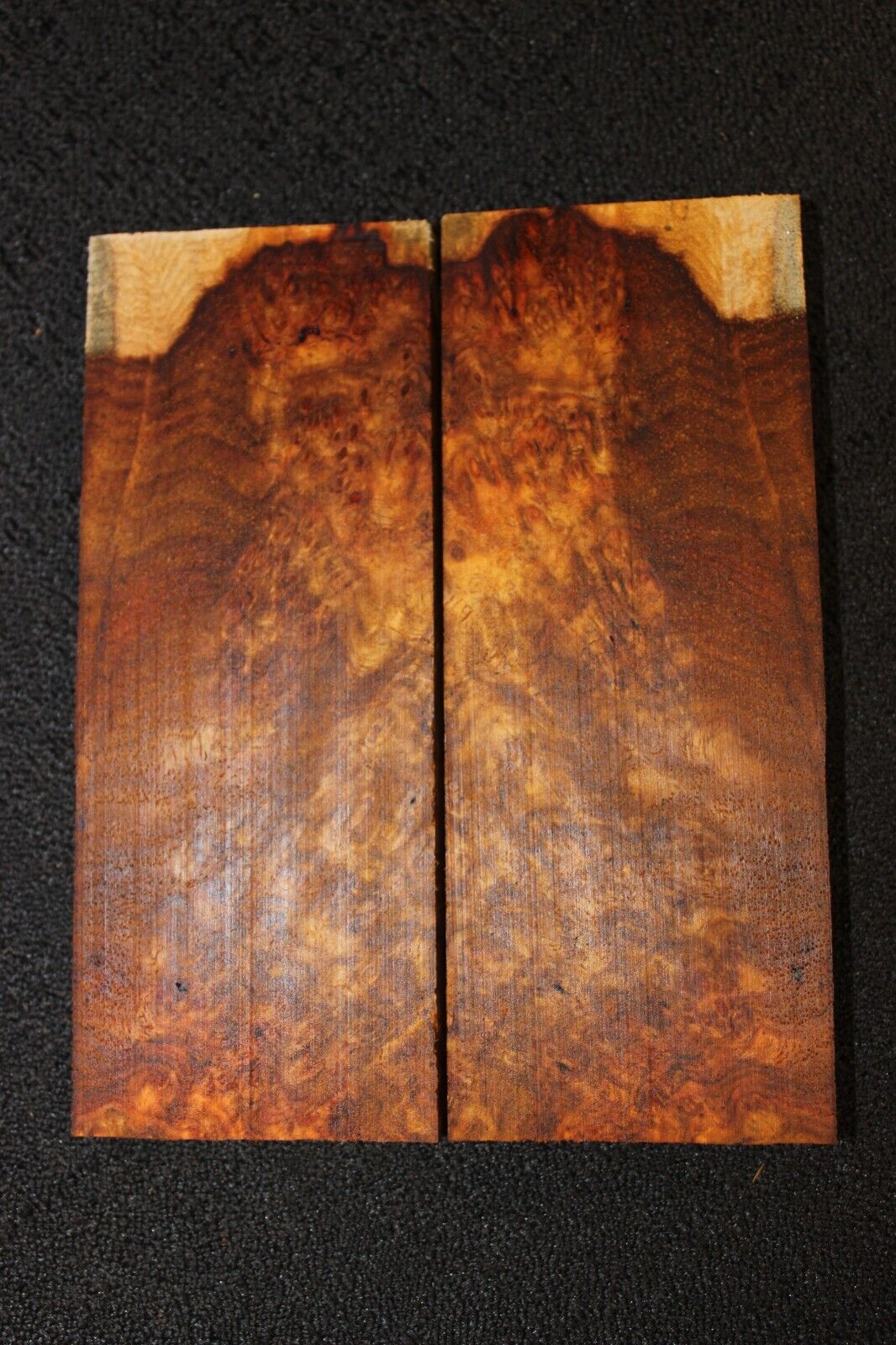 Amboyna burl knife scale, gun grip. 5 X 2 X 3/8"
