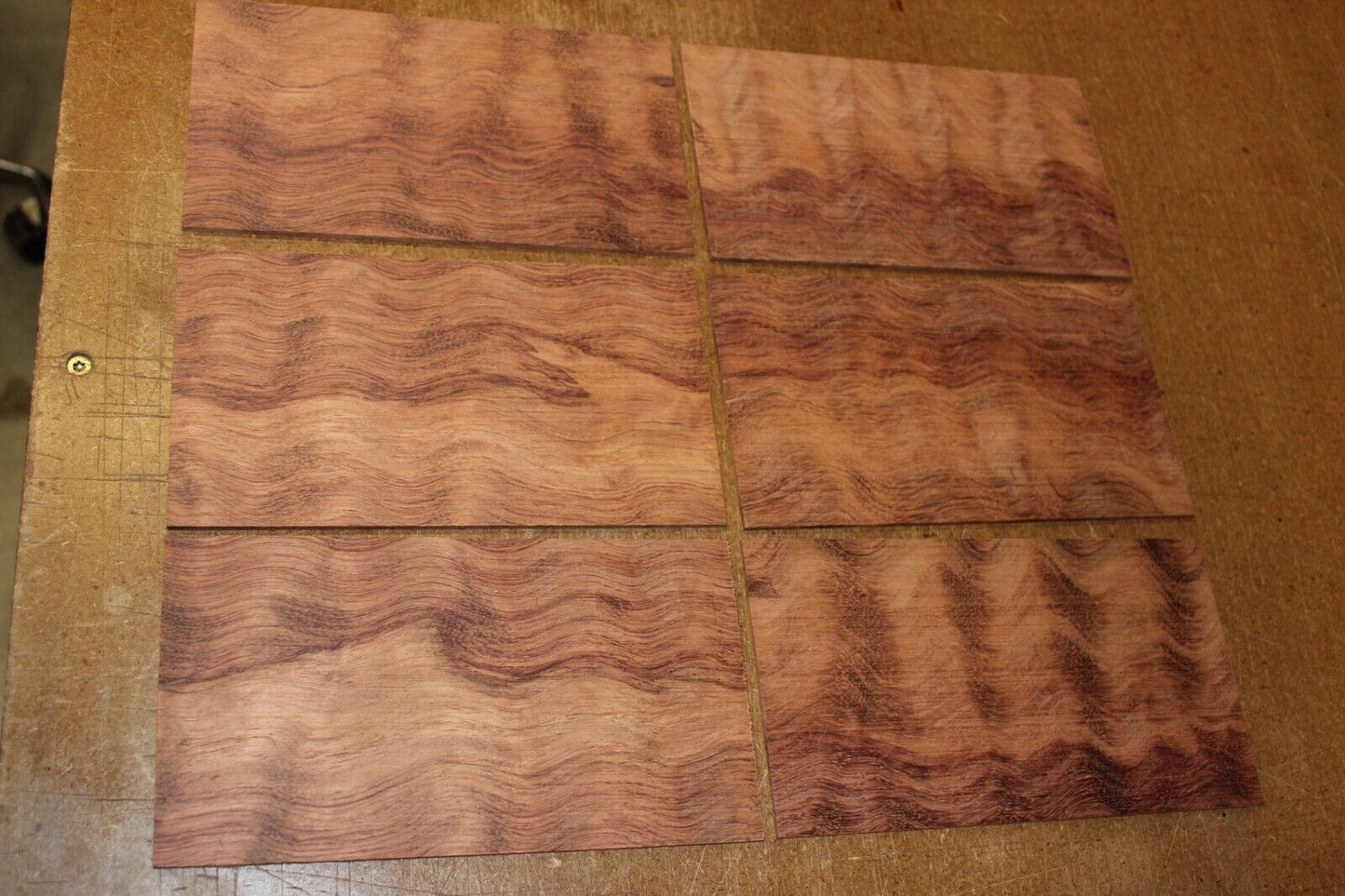 Waterfall bubinga figured headstock / peg head veneer. Sold individually