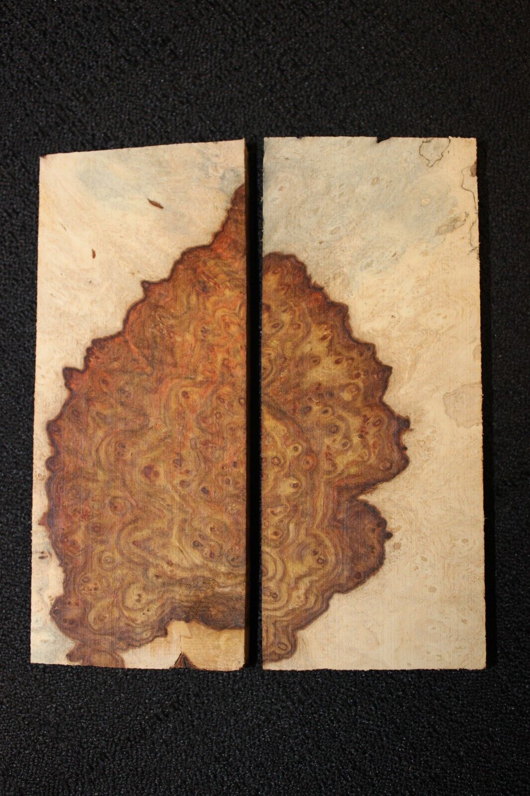 Amboyna burl knife scale, gun grip. 4 7/8 X 2 X 3/8"