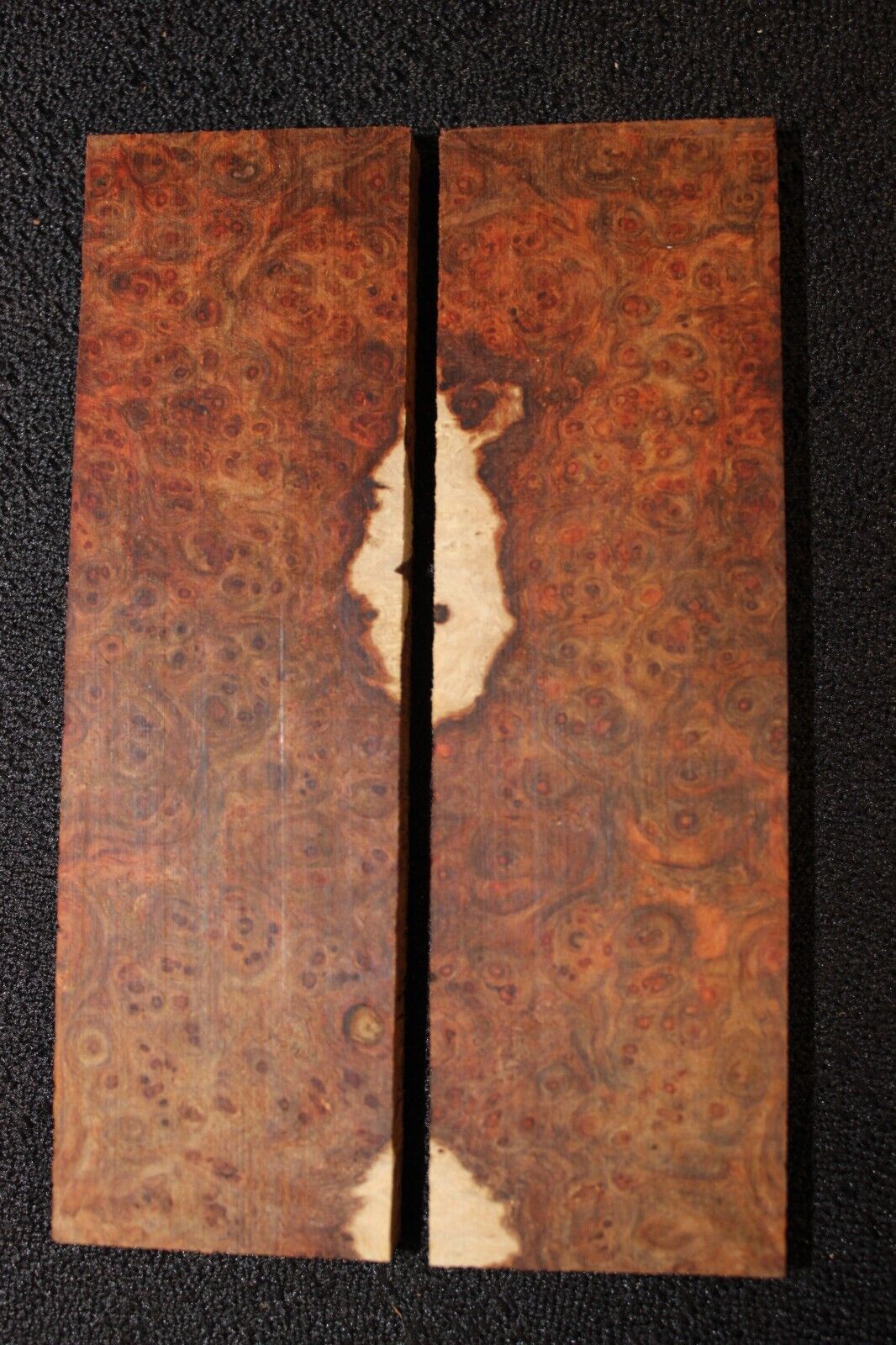 Amboyna burl knife scale, gun grip. 4 7/8 X 1 1/2 X 3/8"