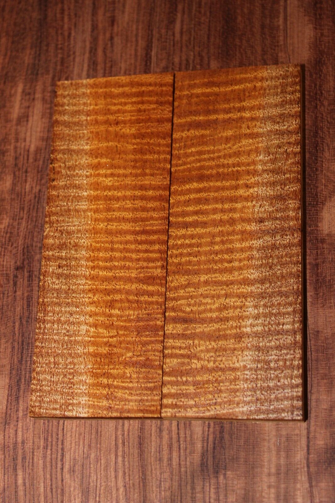 Curly / flame mahogany knife scale, gun grip. Insane tight figure 5.5 X 2 X 3/8"