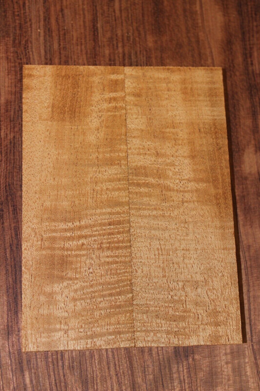 Curly / flame mahogany knife scale, gun grip. Tight figure 5.5 X 2 X 3/8"